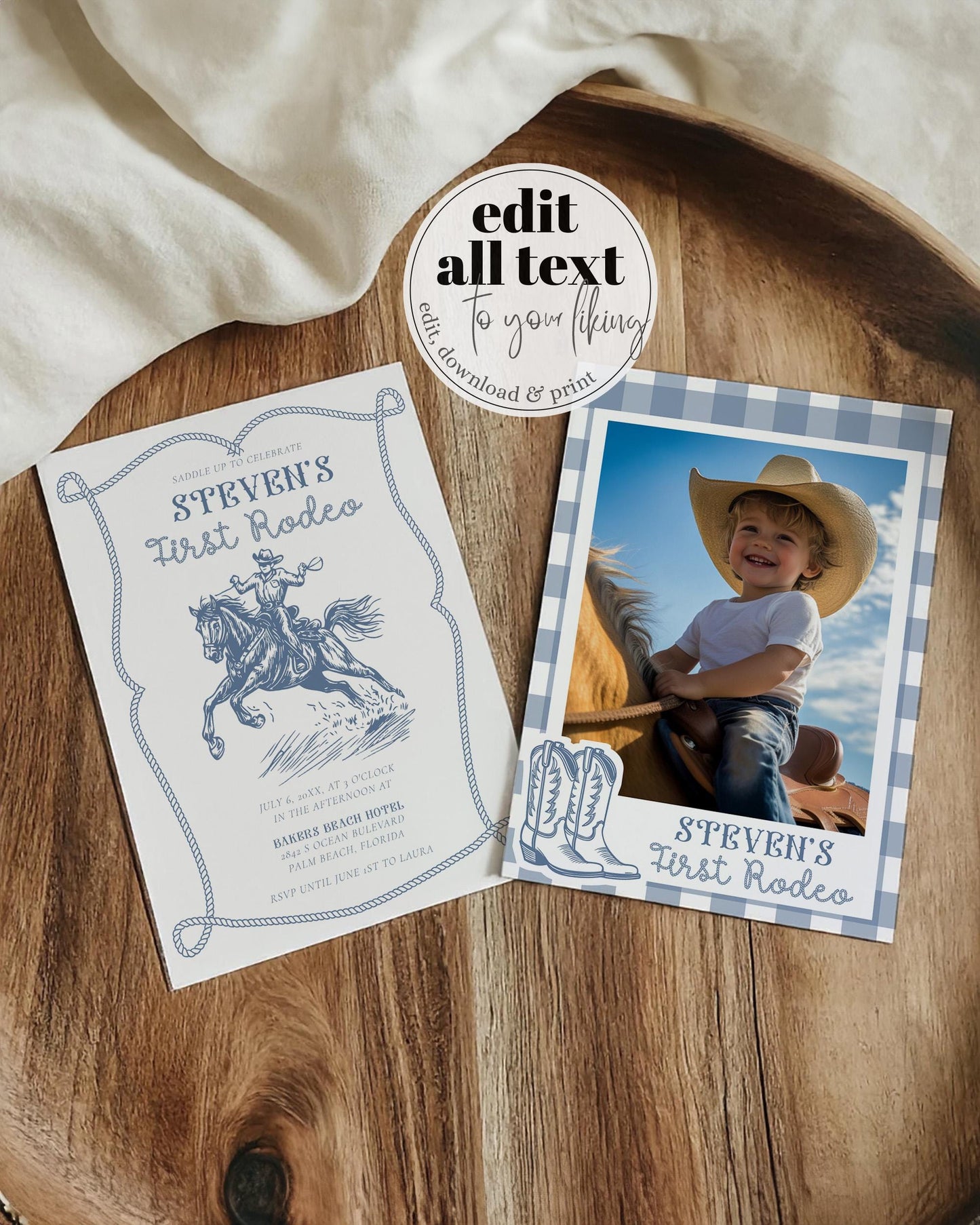 Editable My First Rodeo Invitation Blue Cowboy Birthday Invite Wild West Vintage Cowboy 1st Rodeo Western Ranch Digital Template #072 - TheLovebirdsDesign