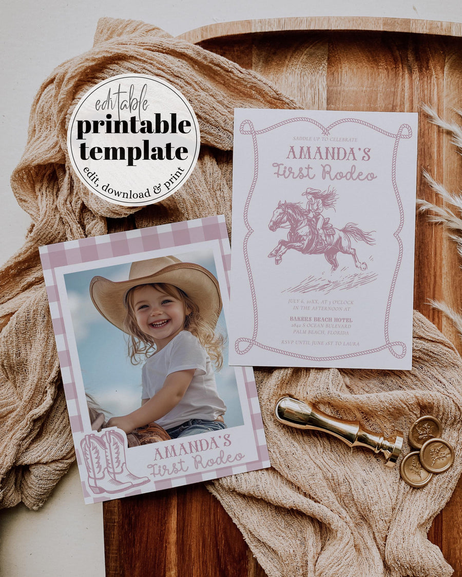 My First Rodeo Invitation, Pink Cowgirl First Birthday Western Party Template 058CB-BINV-PI - marryful.org
