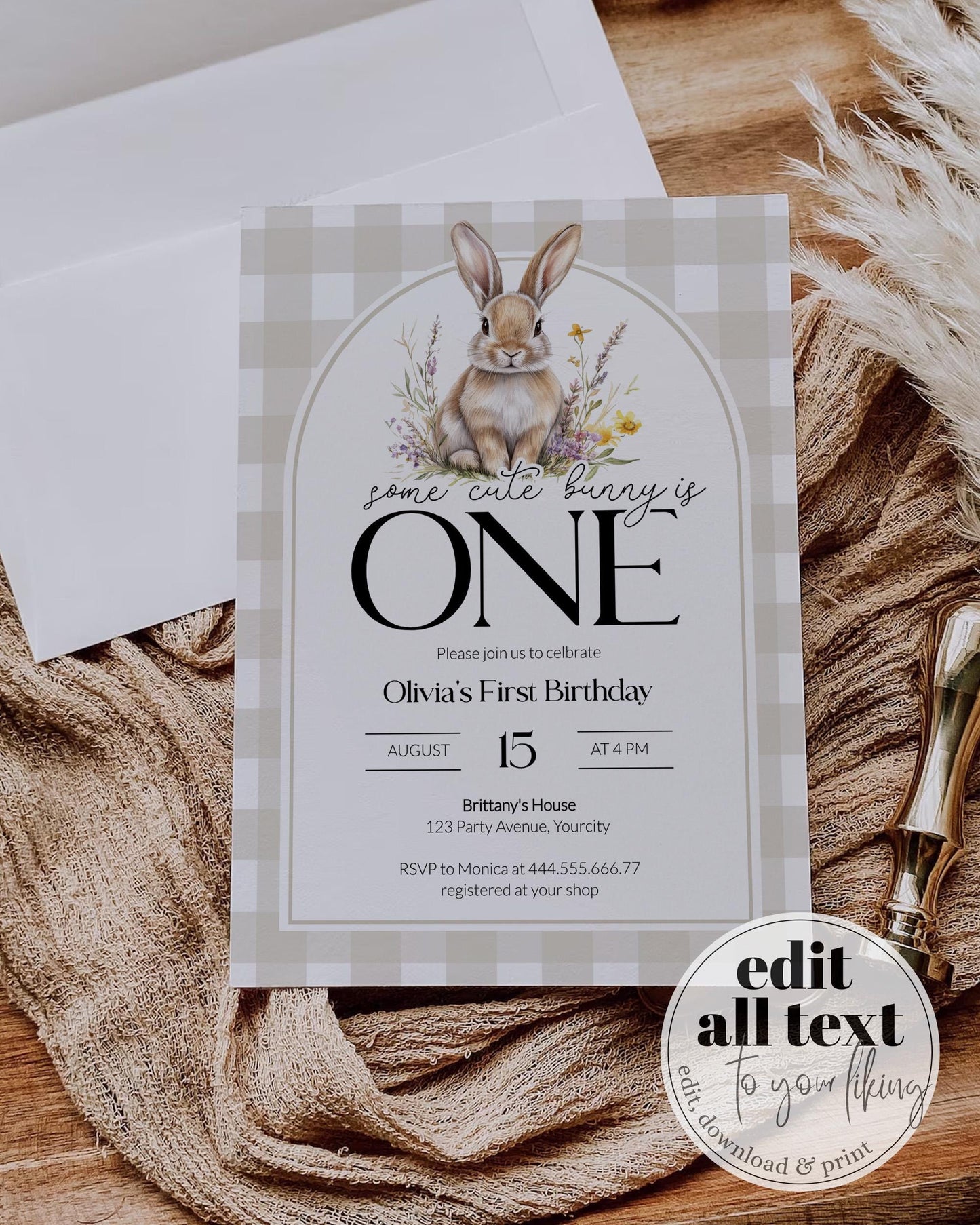 Some Bunny is One Gender Neutral First Birthday Invitation, Cute Rabbit Invite Some Bunny Sweet 1st Birthday Printable Template #068 - TheLovebirdsDesign