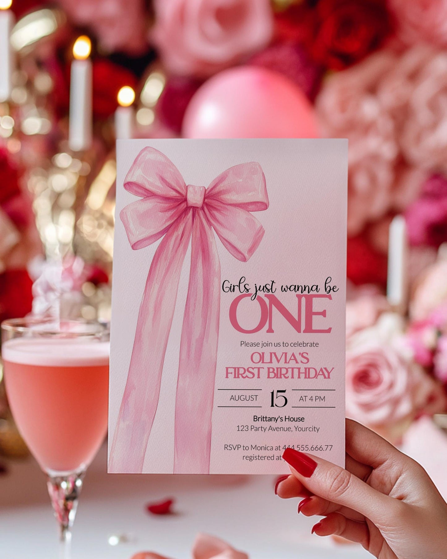 Girls just wanna be ONE Pink Bow First Birthday Invitation Classy Coquette Bow 1st Birthday Invite Ribbon Bow Printable Template #072 - TheLovebirdsDesign