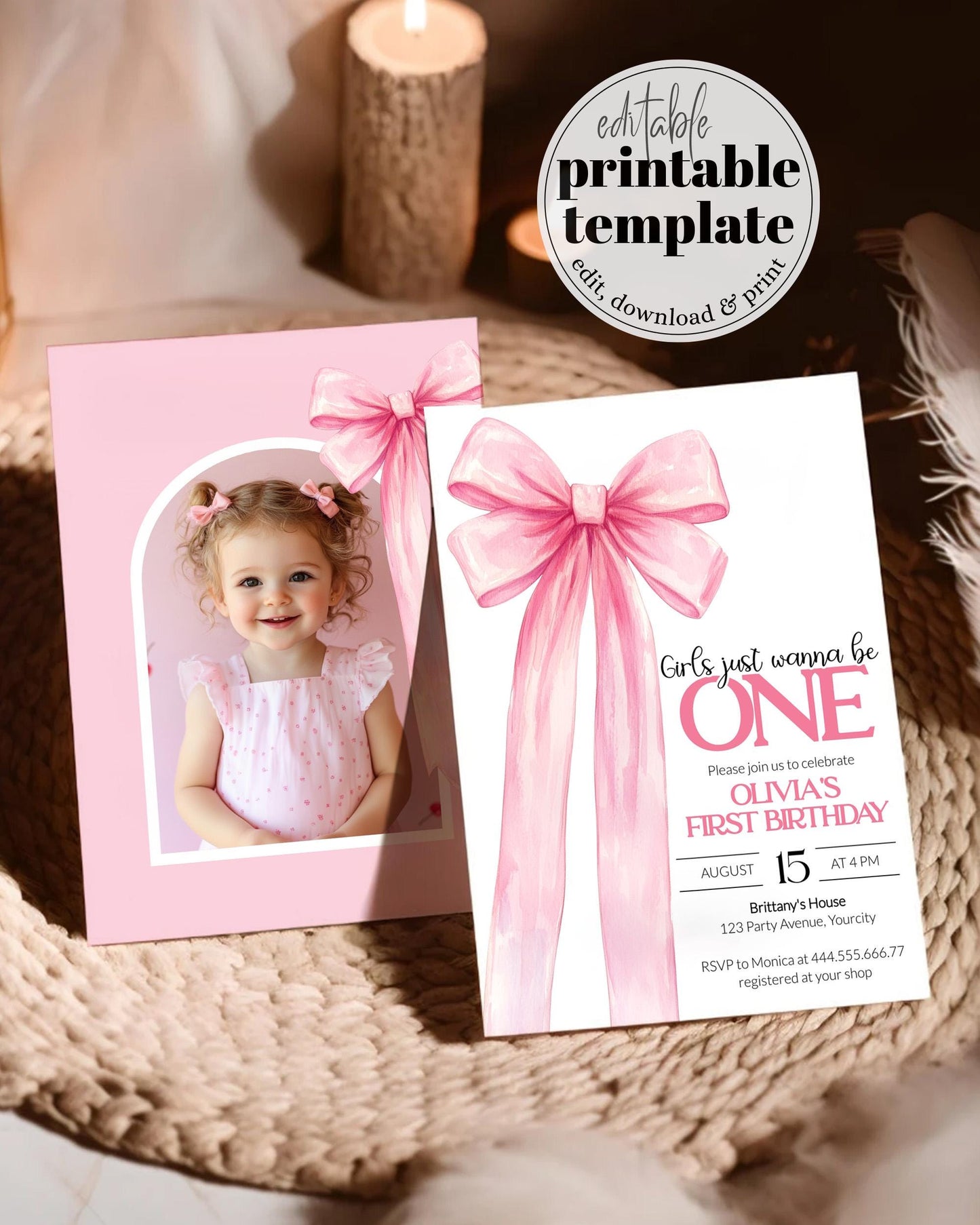 Girls just wanna be ONE Pink Bow First Birthday Invitation Classy Coquette Bow 1st Birthday Invite Ribbon Bow Printable Template #072 - TheLovebirdsDesign