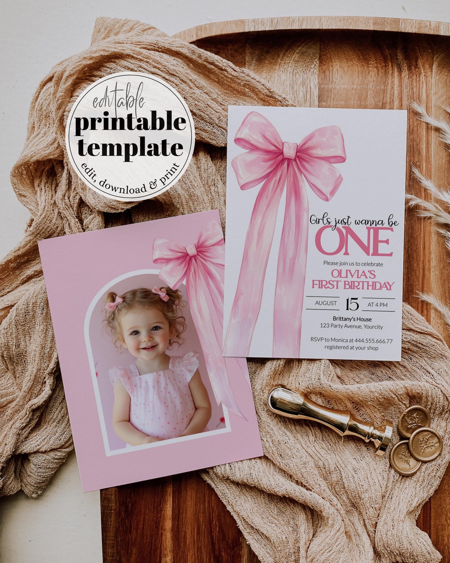 Girls just wanna be ONE Pink Bow First Birthday Invitation Classy Coquette Bow 1st Birthday Invite Ribbon Bow Printable Template #072 - TheLovebirdsDesign