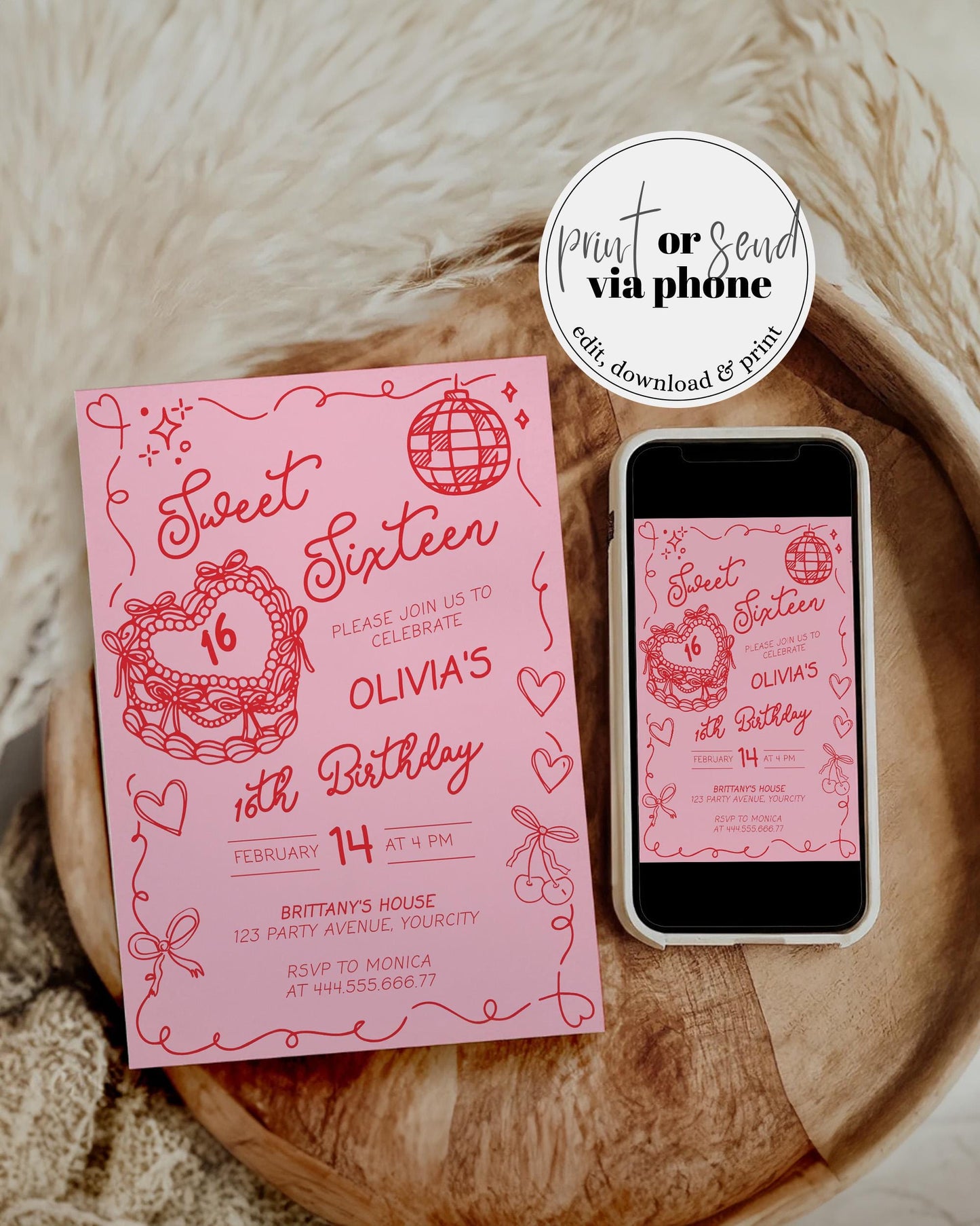 Sweet Sixteen Girl 16th Birthday Invitation Hand drawn Bow Heart Shaped Birthday Cake for Teenage 16 Birthday Invite Printable Template #072 - TheLovebirdsDesign