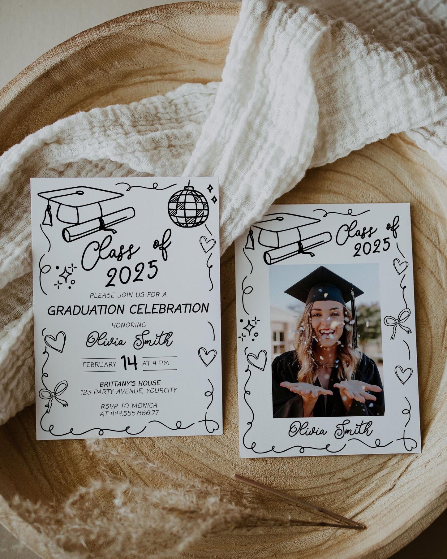Graduation Party Invitation Class of 2025 Pink Hand drawn Bow Wavy Frame Invitation Template for High School College Grad Party Invite #072 - TheLovebirdsDesign