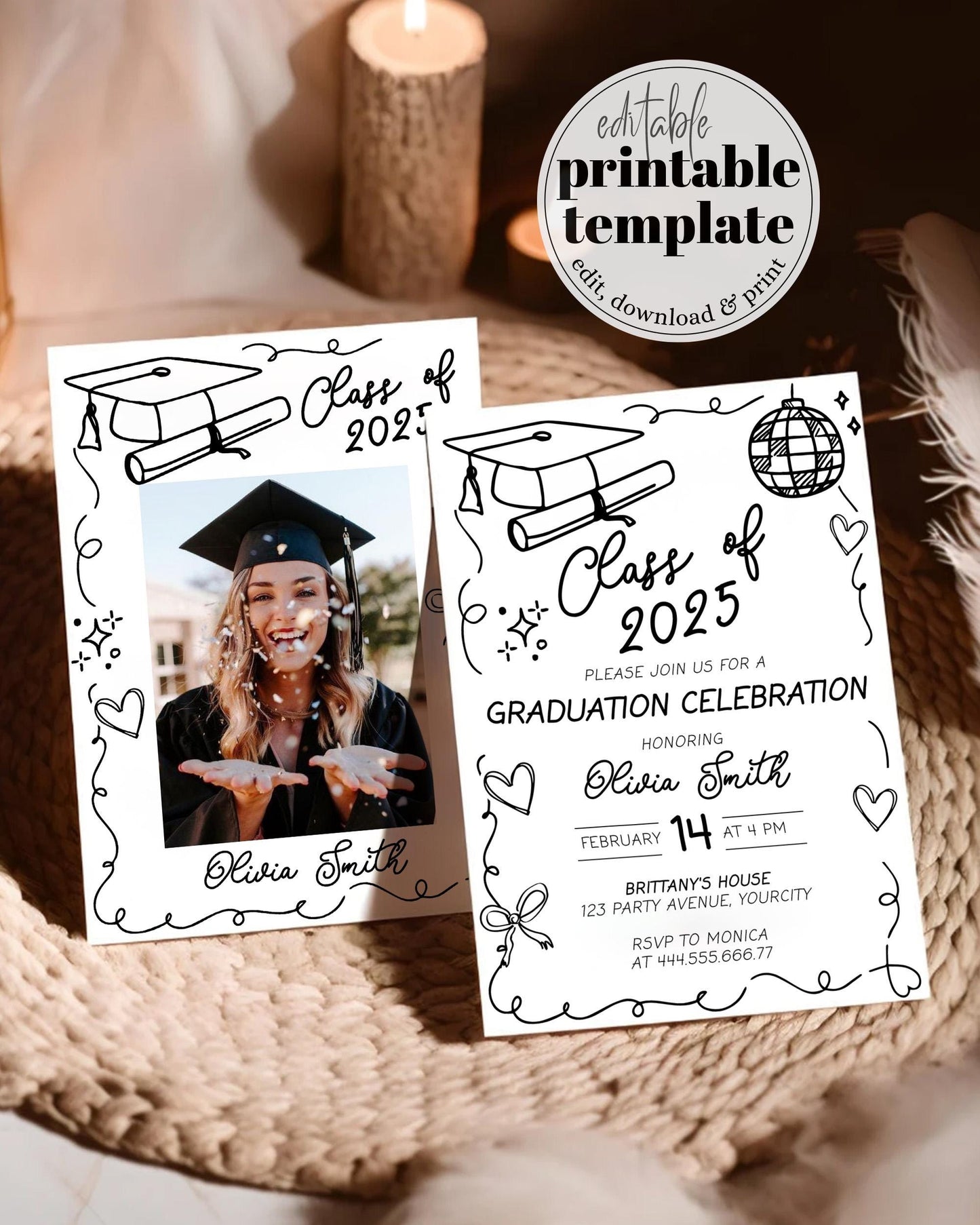 Graduation Party Invitation Class of 2025 Pink Hand drawn Bow Wavy Frame Invitation Template for High School College Grad Party Invite #072 - TheLovebirdsDesign