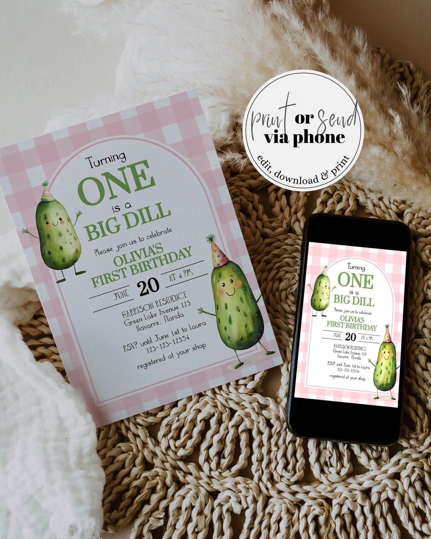 Big Dill Pickle themed Birthday Invitation Suite for One Year old Boy or Girl, Editable Birthday Party Invite Pickle Printable Template #068 - TheLovebirdsDesign