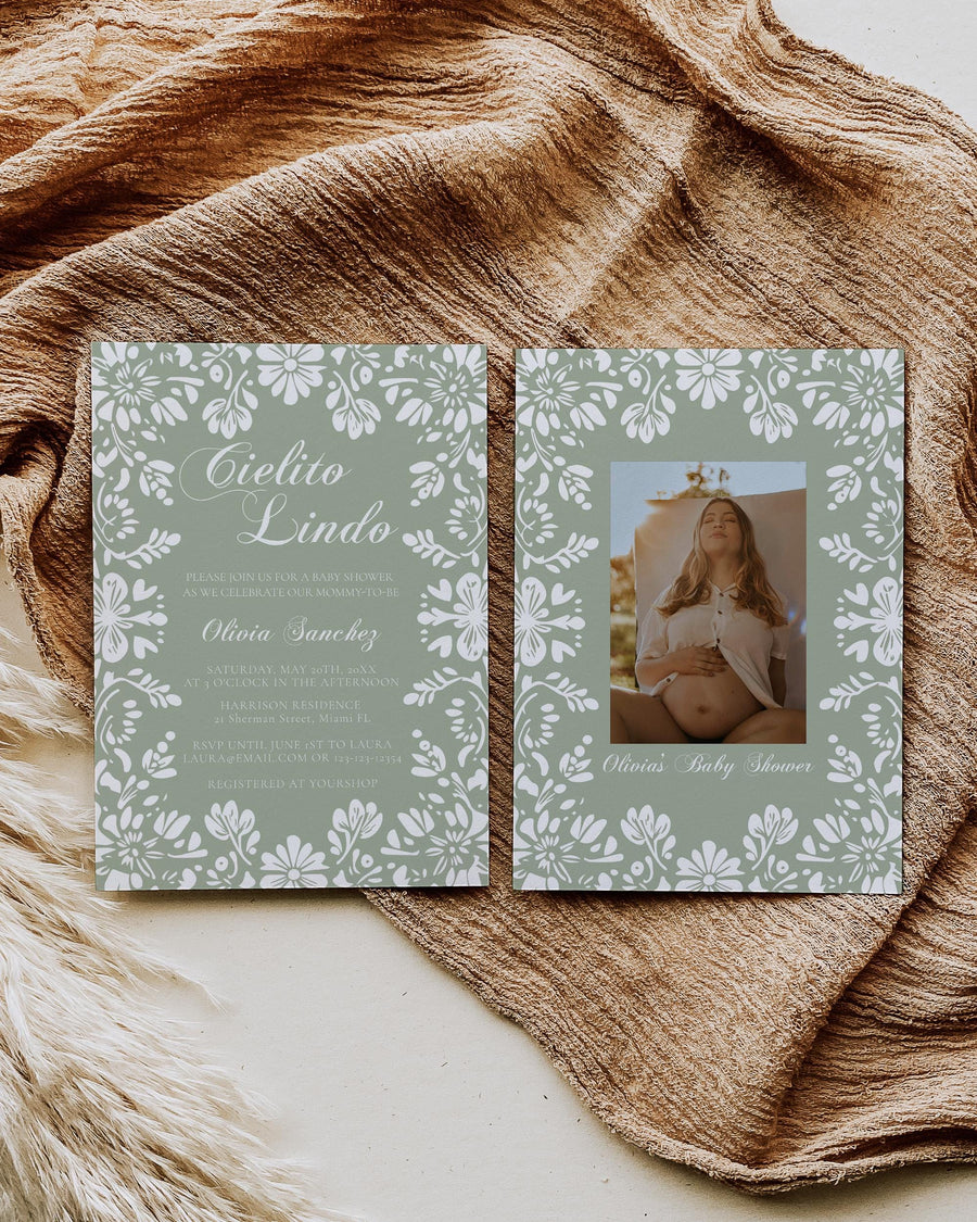 Cielito Lindo Baby Shower Invitation Template, Sage Green Mexican Talavera Papel Picado 001GR-BSINV - marryful.org