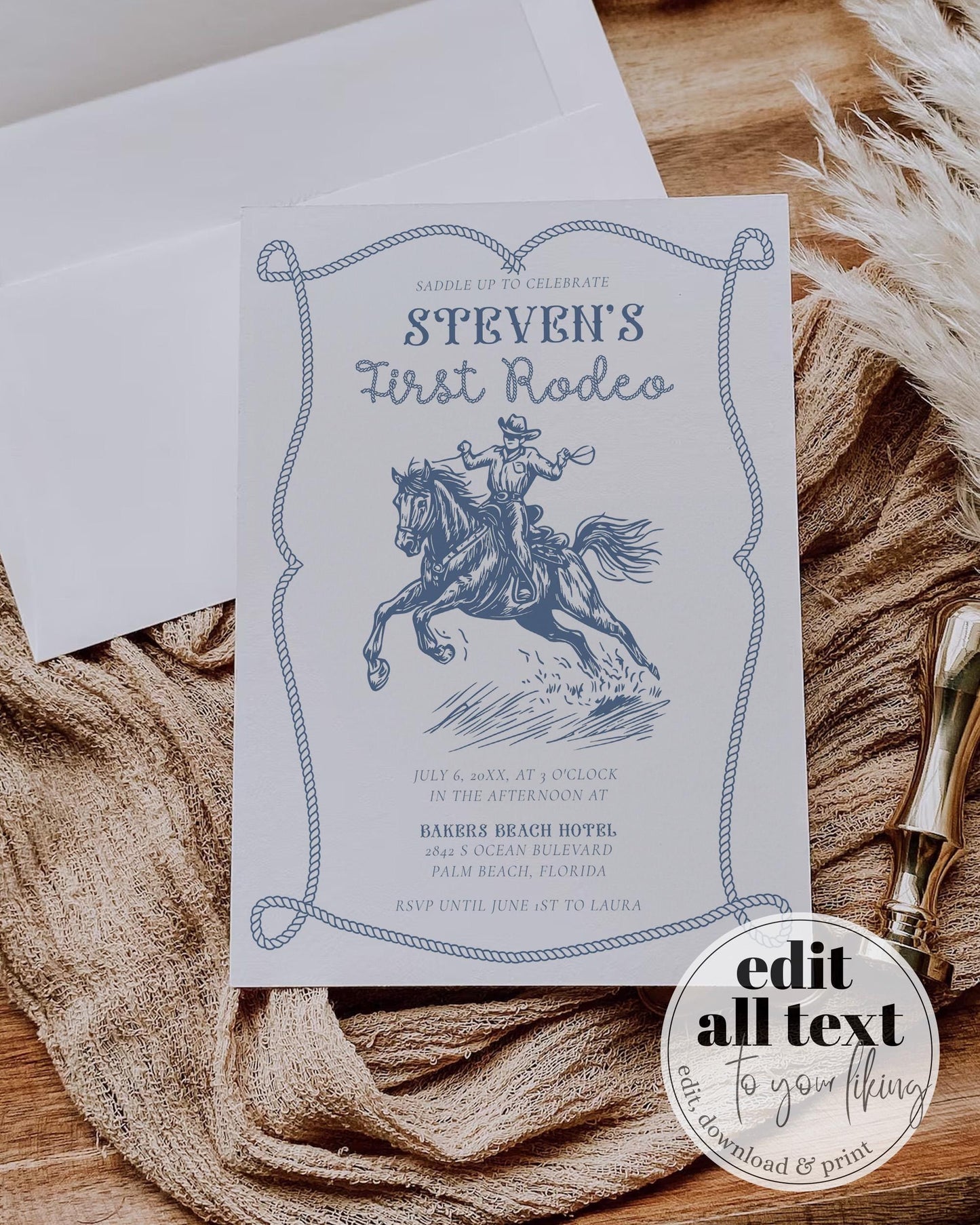 Editable My First Rodeo Invitation Blue Cowboy Birthday Invite Wild West Vintage Cowboy 1st Rodeo Western Ranch Digital Template #072 - TheLovebirdsDesign
