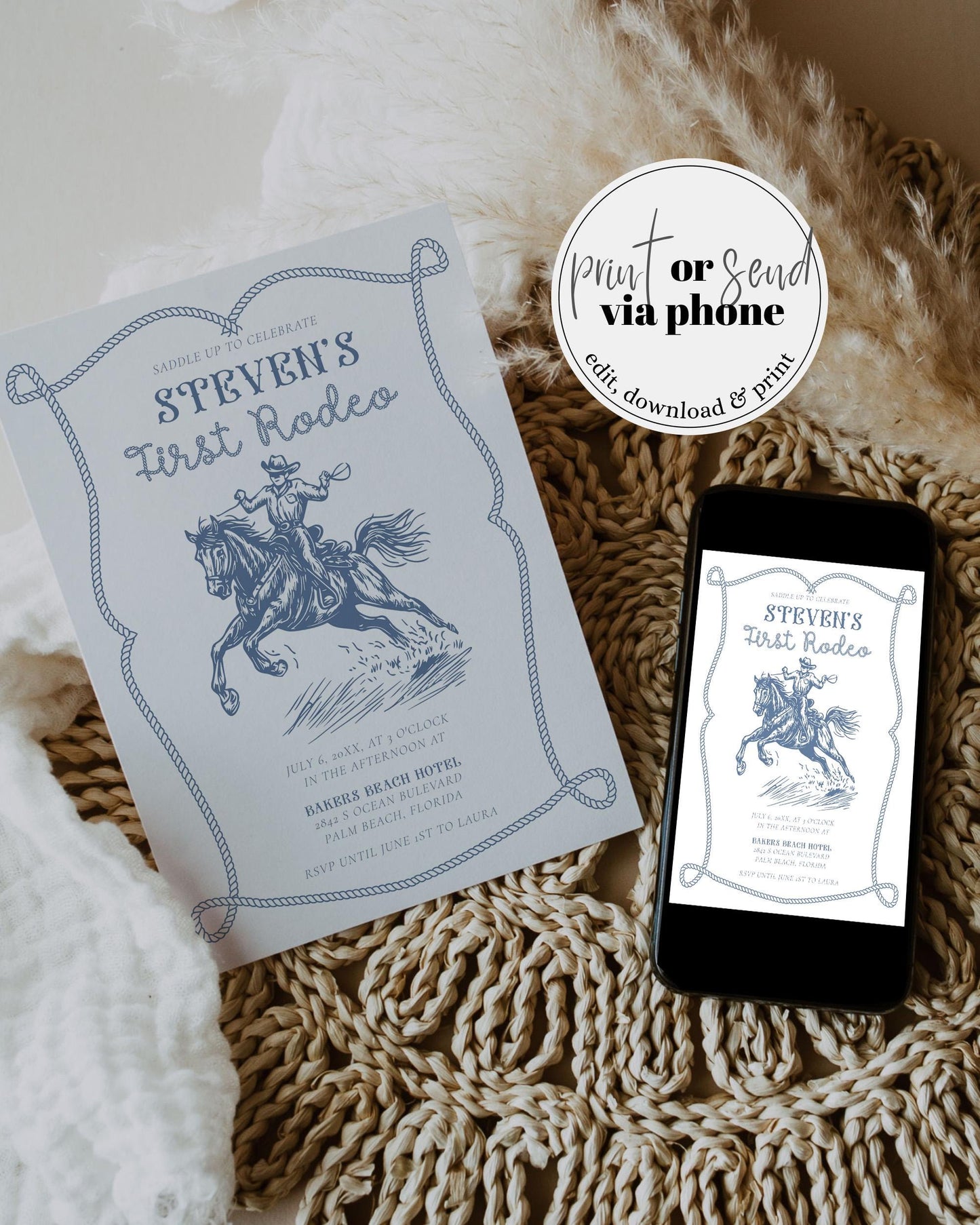 Editable My First Rodeo Invitation Blue Cowboy Birthday Invite Wild West Vintage Cowboy 1st Rodeo Western Ranch Digital Template #072 - TheLovebirdsDesign