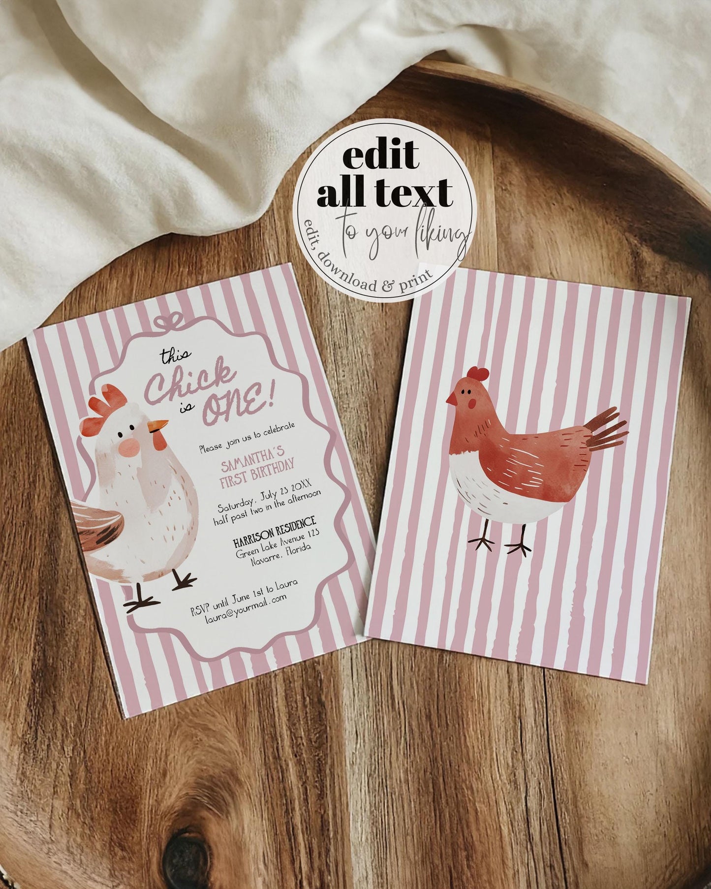 One Cute Chick Pink First Birthday Invitation, Whimsical Chicken Themed 1st Birthday Invite, Cute Farm Animal Invite Printable Template #070 - TheLovebirdsDesign