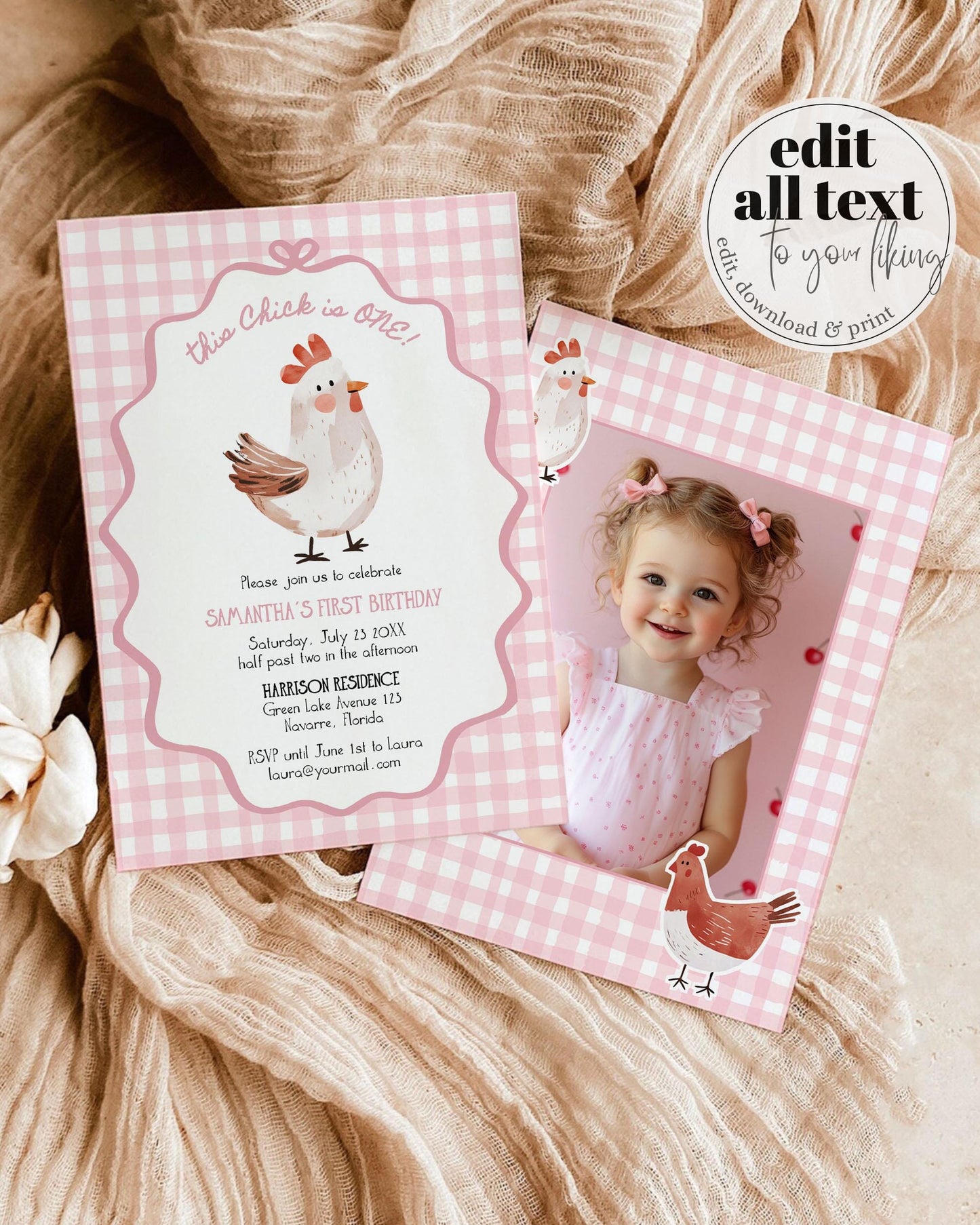 One Cute Chick First Birthday Invitation for Girls, Hand drawn Chicken Themed 1st Birthday Invite Farm Animal Invite Printable Template #070 - TheLovebirdsDesign