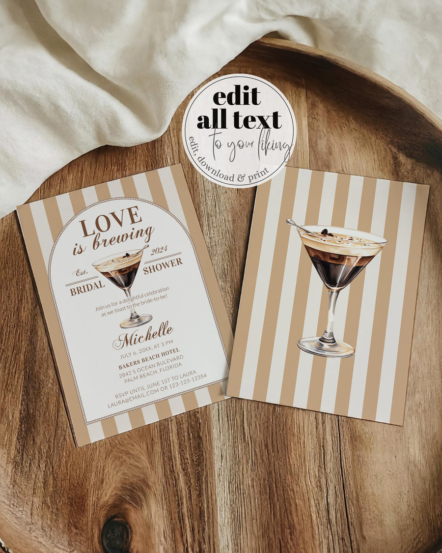 Espresso Martini Bridal Shower Invitation Template, Love Is Brewing Coffee Cocktail Club Invite 086MAR-BSINV - marryful.org