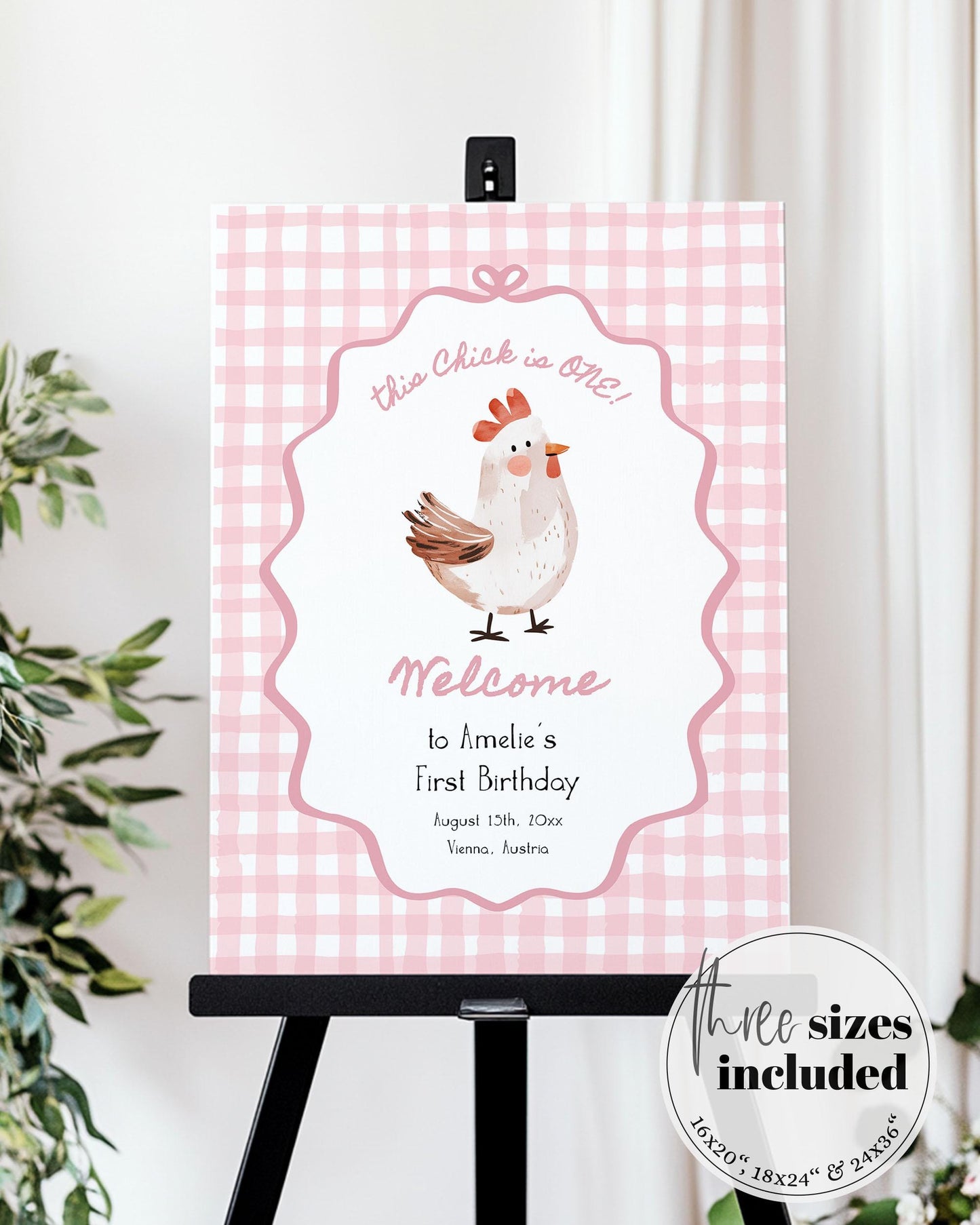 One Cute Chick First Birthday Welcome Sign for Girls, Hand drawn Chicken Themed 1st Birthday Party Sign Farm Animal Decoration Template #070 - TheLovebirdsDesign