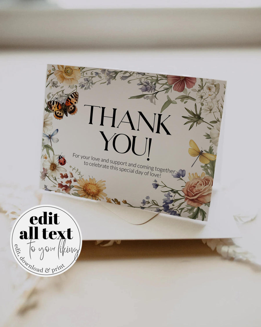 Wildflower Love Bug Thank You Card Template, Summer Butterfly Baby Shower Printable 100LB-THCA - marryful.org