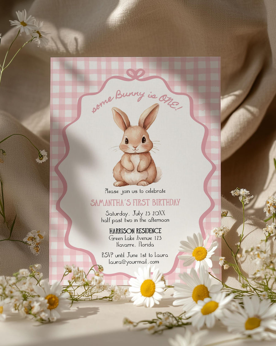 Some Bunny Is One Birthday Invitation Pink Gingham Rabbit First Birthday Editable Template 007BU2-BINV-PI - marryful.org