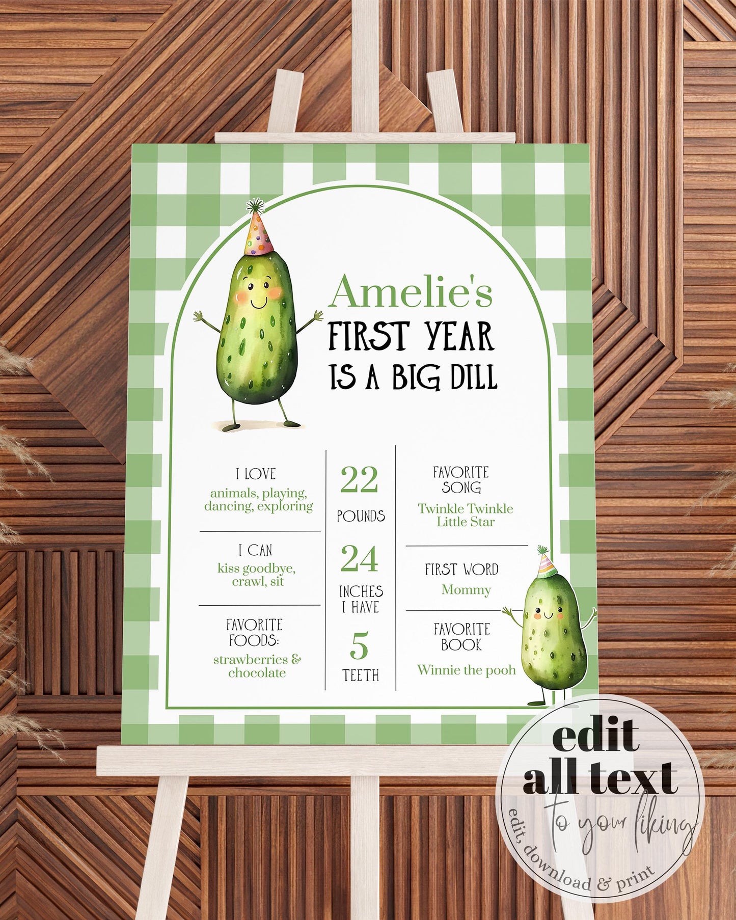 Big Dill Pickle themed Milestone Sign for Pickled First Birthday Boy or Girl, Gender Neutral 1st Birthday Decorations Party Template #068 - TheLovebirdsDesign