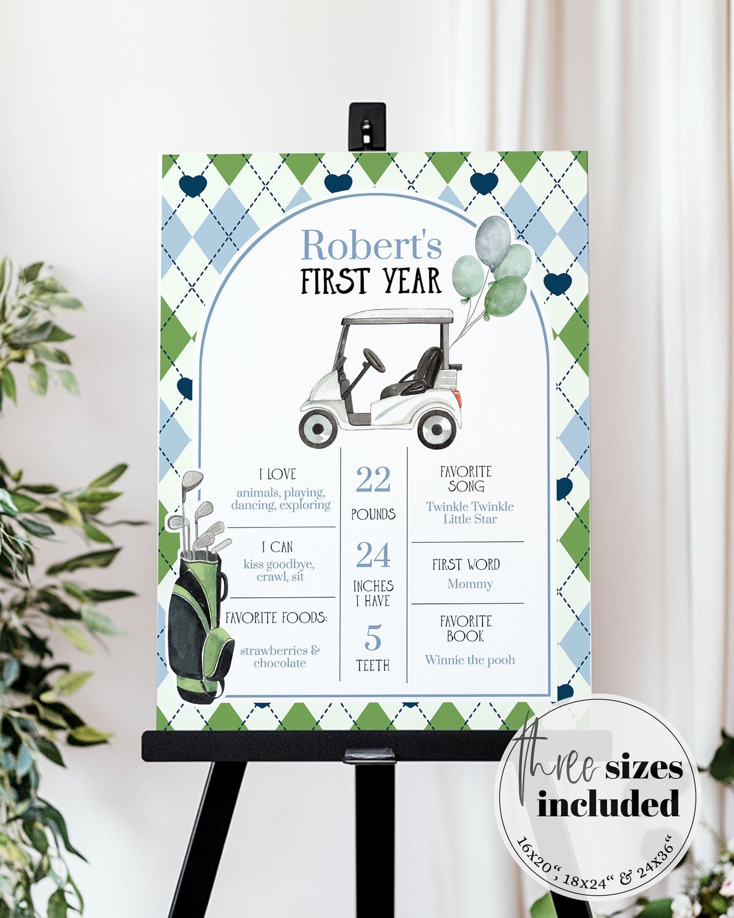Golf Baby Shower Milestone Sign, Blue Green Boy Golfing Baby Shower Decorations Template, Par-Tee Hole in one Golf Printable Template #068 - TheLovebirdsDesign