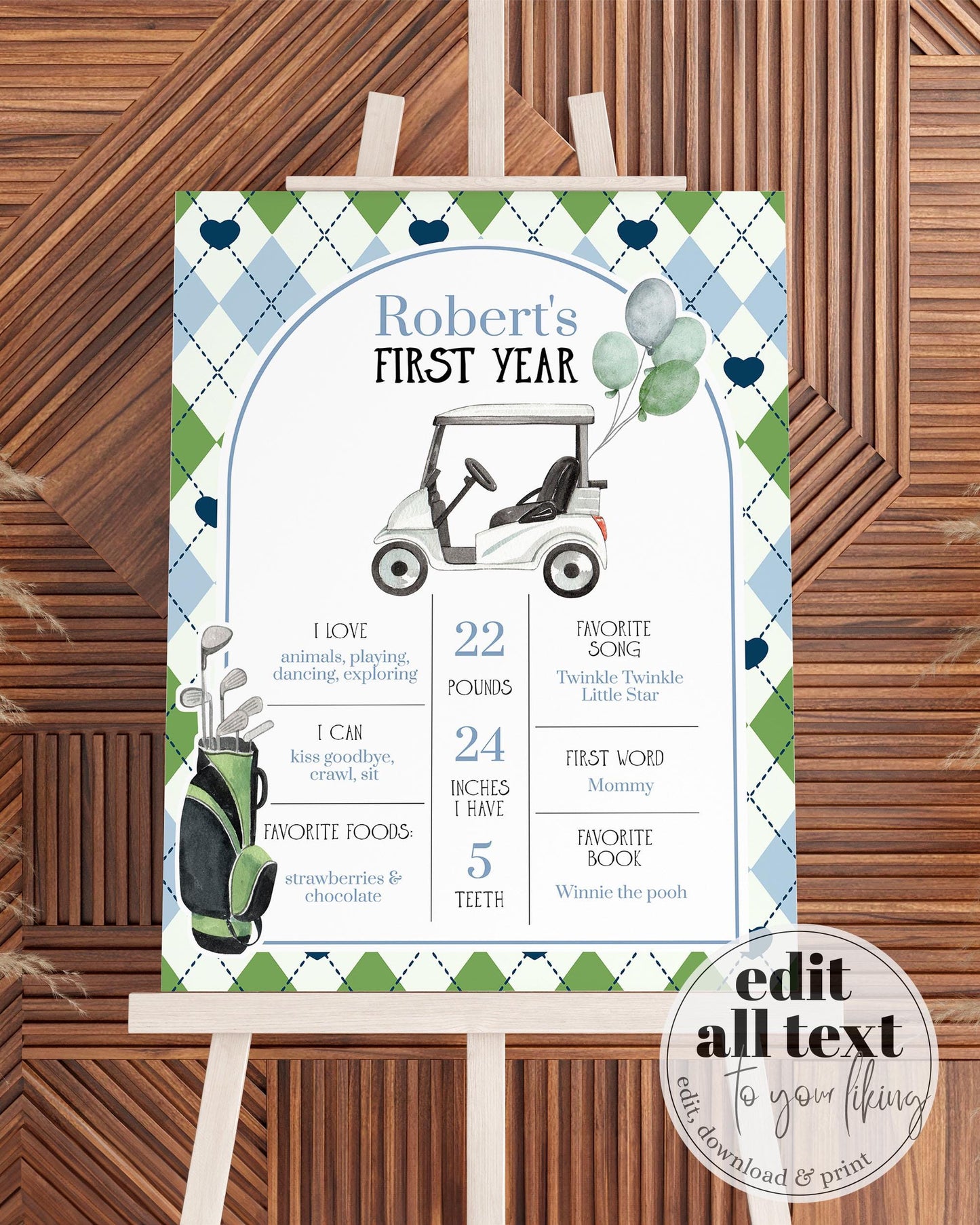 Golf Baby Shower Milestone Sign, Blue Green Boy Golfing Baby Shower Decorations Template, Par-Tee Hole in one Golf Printable Template #068 - TheLovebirdsDesign