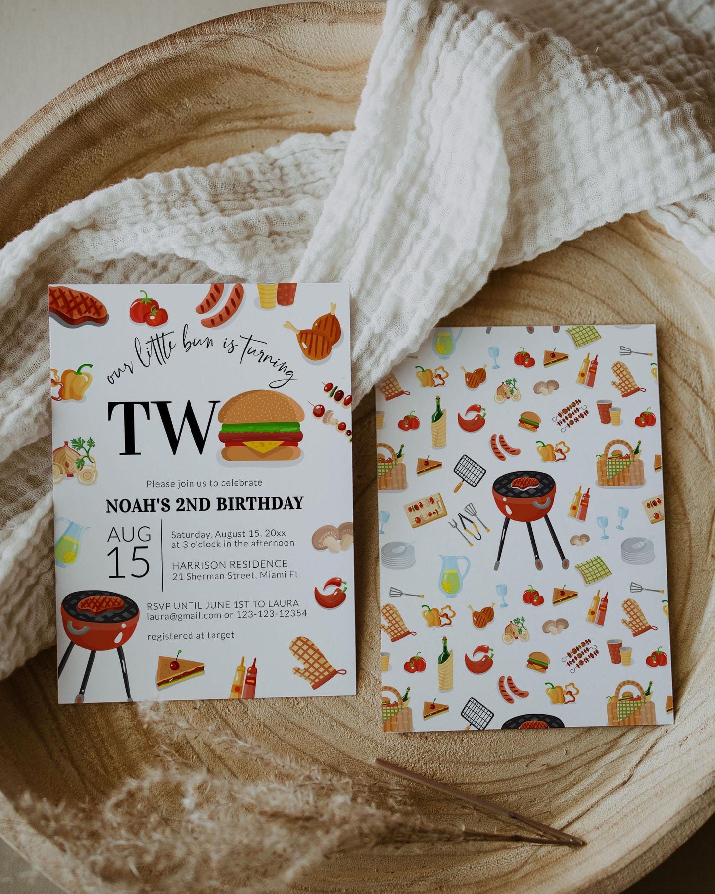 BBQ Burger 2nd Birthday Invite, Bun ist turning TWO Backyard Barbecue Summer Birthday Invite Boy, Second Birthday Invitation Template #072a - TheLovebirdsDesign