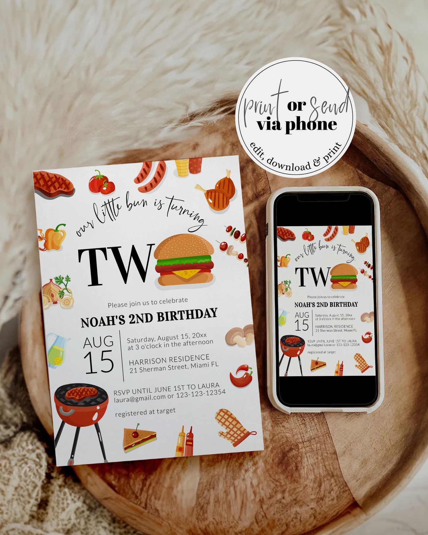 BBQ Burger 2nd Birthday Invite, Bun ist turning TWO Backyard Barbecue Summer Birthday Invite Boy, Second Birthday Invitation Template #072a - TheLovebirdsDesign