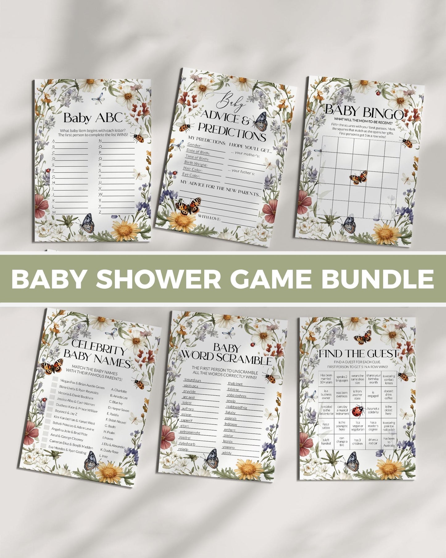 Wildflower Love bug Baby Shower Game Bundle, A little Lovebug is on the way Party Games, Neutral Butterfly Shower Printable Template #072 - TheLovebirdsDesign