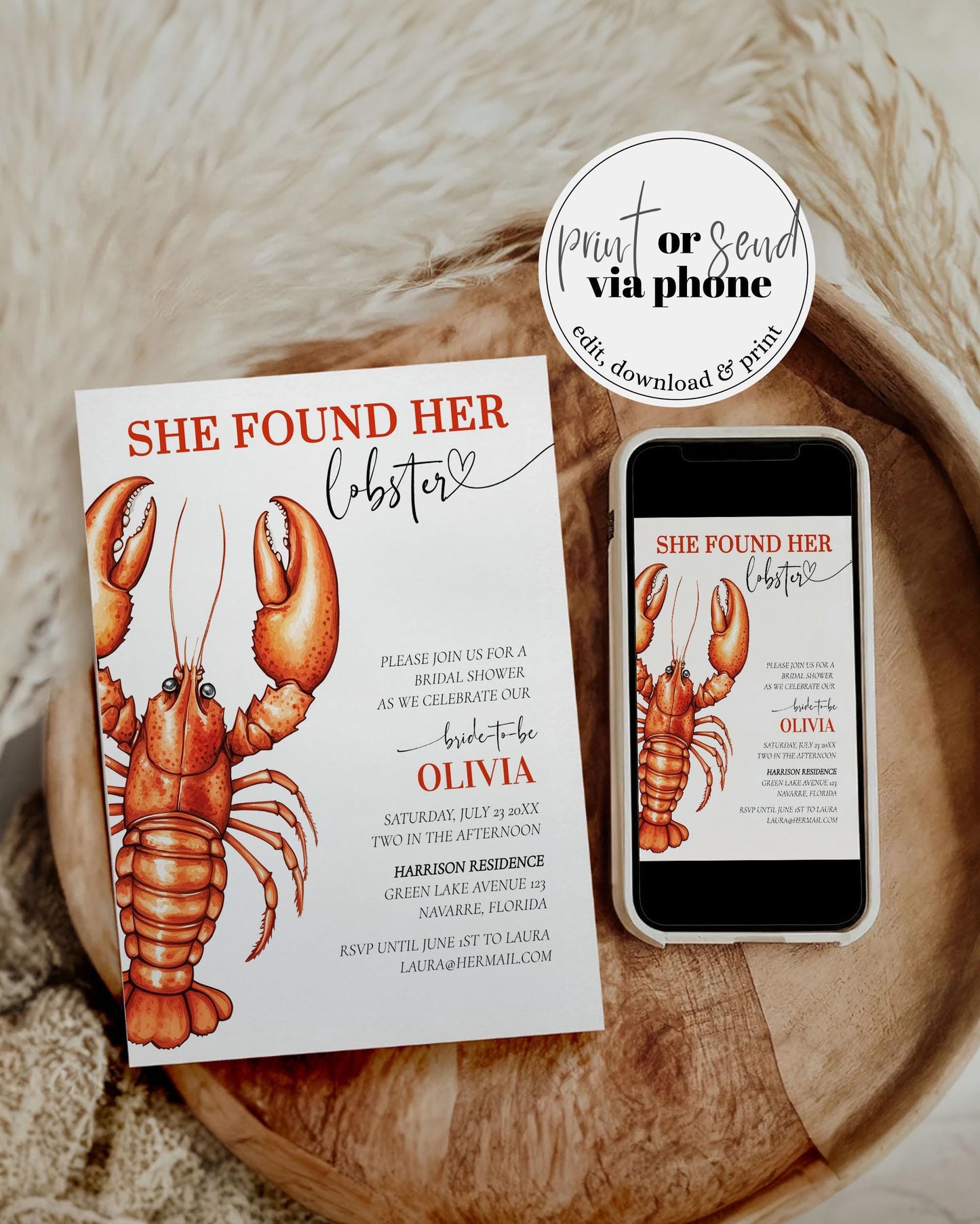 She Found her Lobster Bridal Shower Invitation Template for Coastal Bridal Party or Beach Bachelorette in Maine with Girl Friends #070 - TheLovebirdsDesign