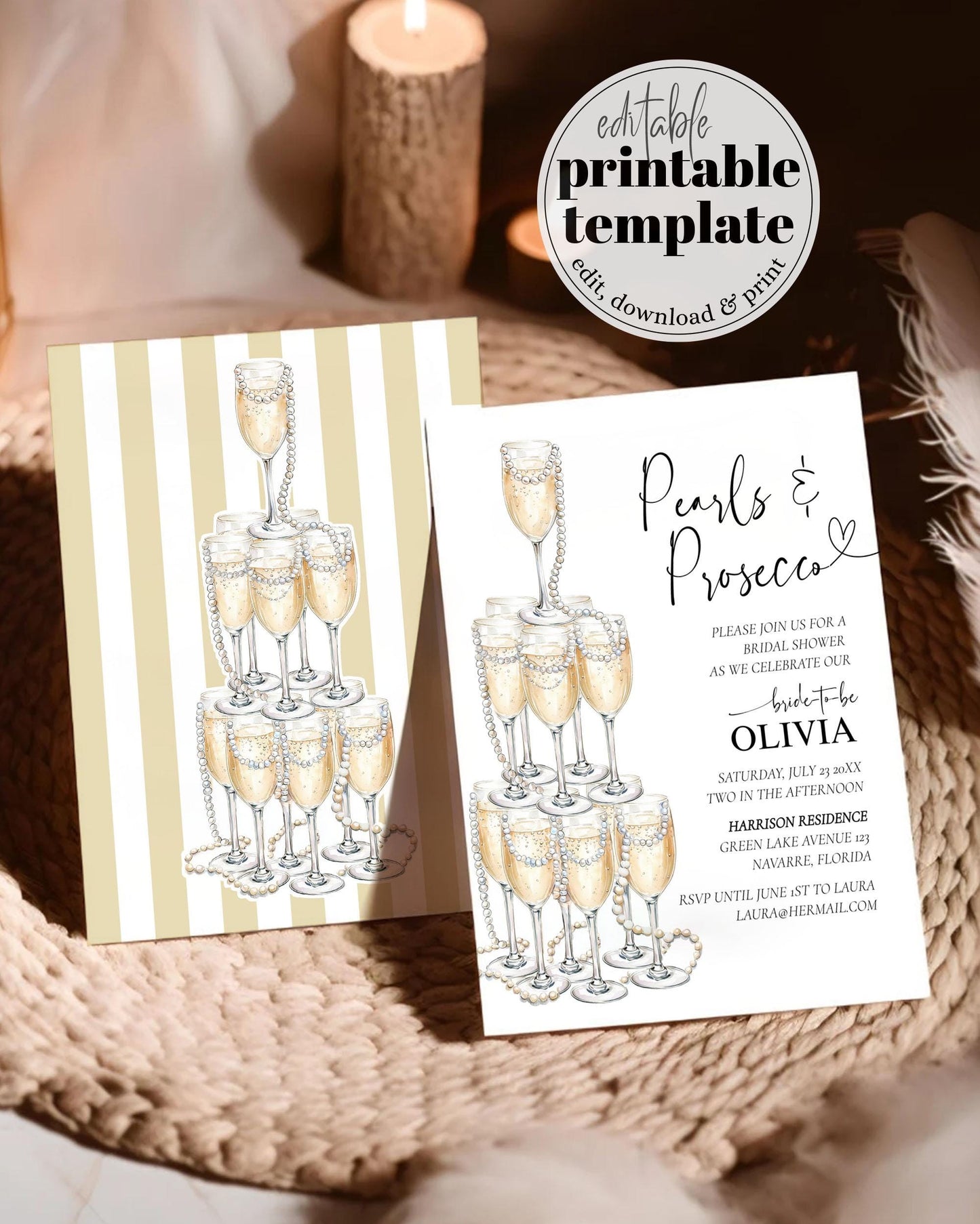 Pearls and Prosecco Bridal Shower Invitation, Champagne Tower and Pearls Party Invite Template for Bridal Brunch or Adult Woman Birthday#070 - TheLovebirdsDesign