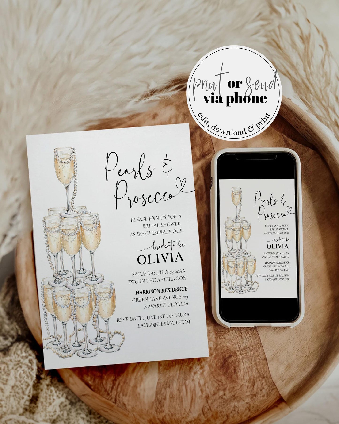 Pearls and Prosecco Bridal Shower Invitation, Champagne Tower and Pearls Party Invite Template for Bridal Brunch or Adult Woman Birthday#070 - TheLovebirdsDesign