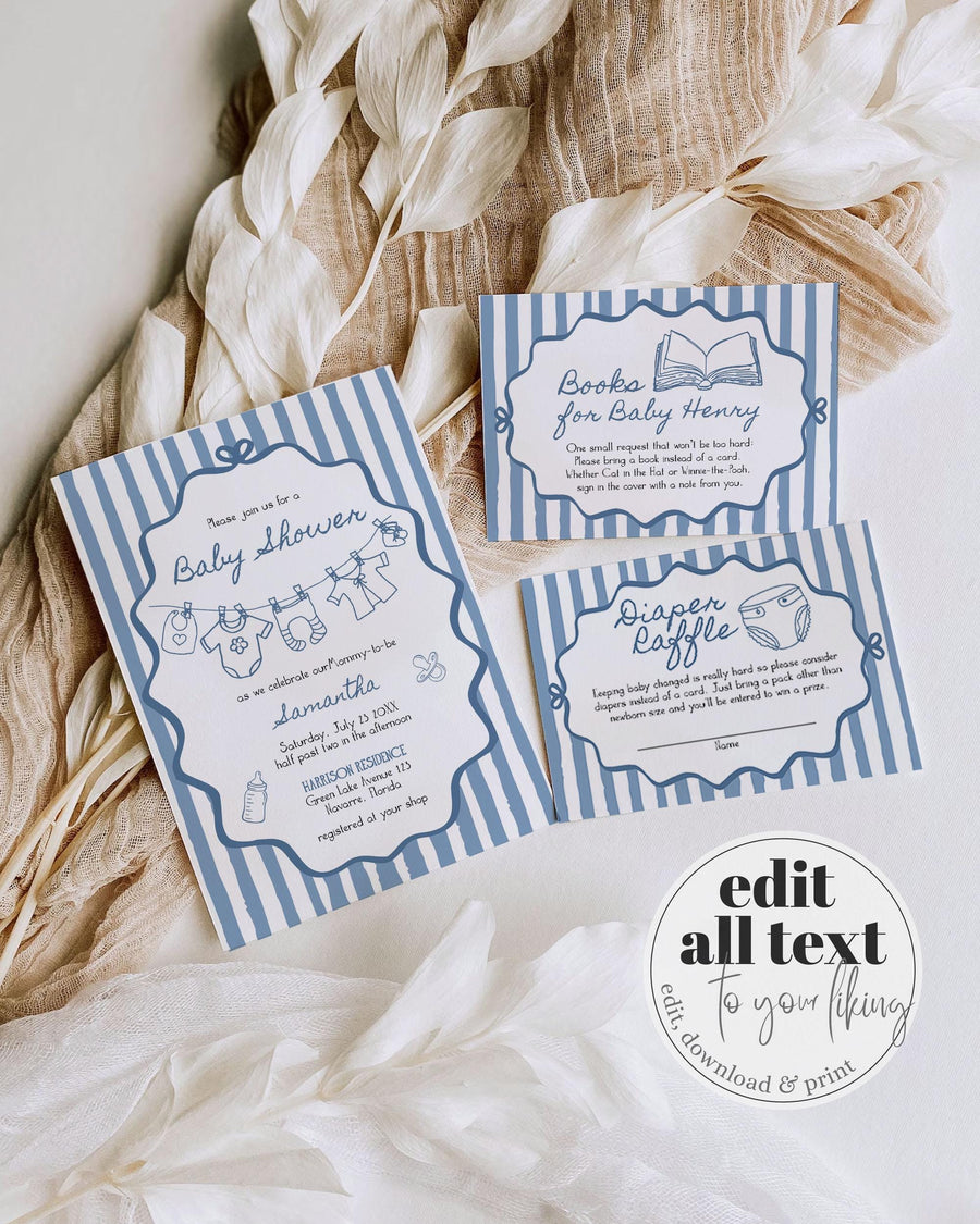 Hand Drawn Baby Shower Invitation Suite, Baby Clothes Line Wavy Frame Whimsical Scribble, Baby Sprinkle Invite Boys Printable Template #070 - TheLovebirdsDesign