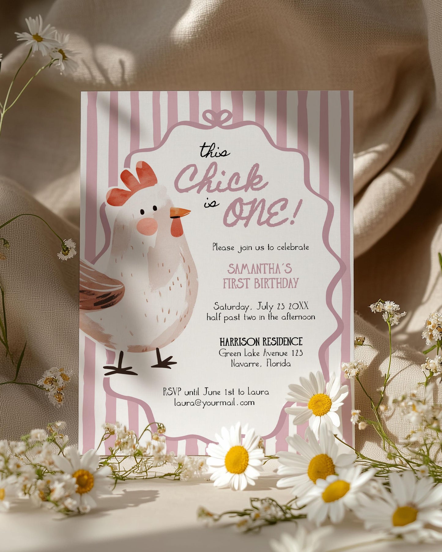 One Cute Chick Pink First Birthday Invitation, Whimsical Chicken Themed 1st Birthday Invite, Cute Farm Animal Invite Printable Template #070 - TheLovebirdsDesign