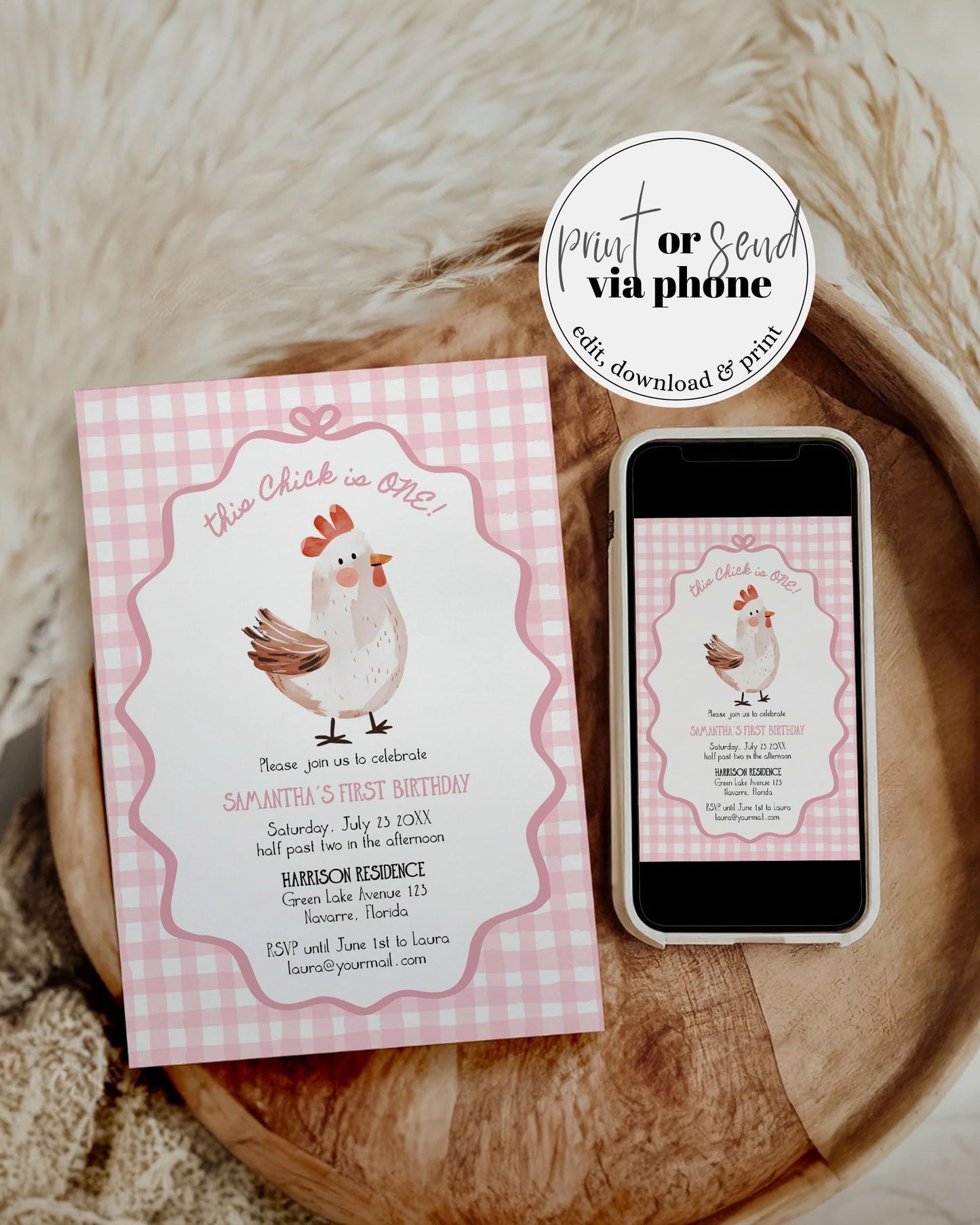 One Cute Chick First Birthday Invitation for Girls, Hand drawn Chicken Themed 1st Birthday Invite Farm Animal Invite Printable Template #070 - TheLovebirdsDesign