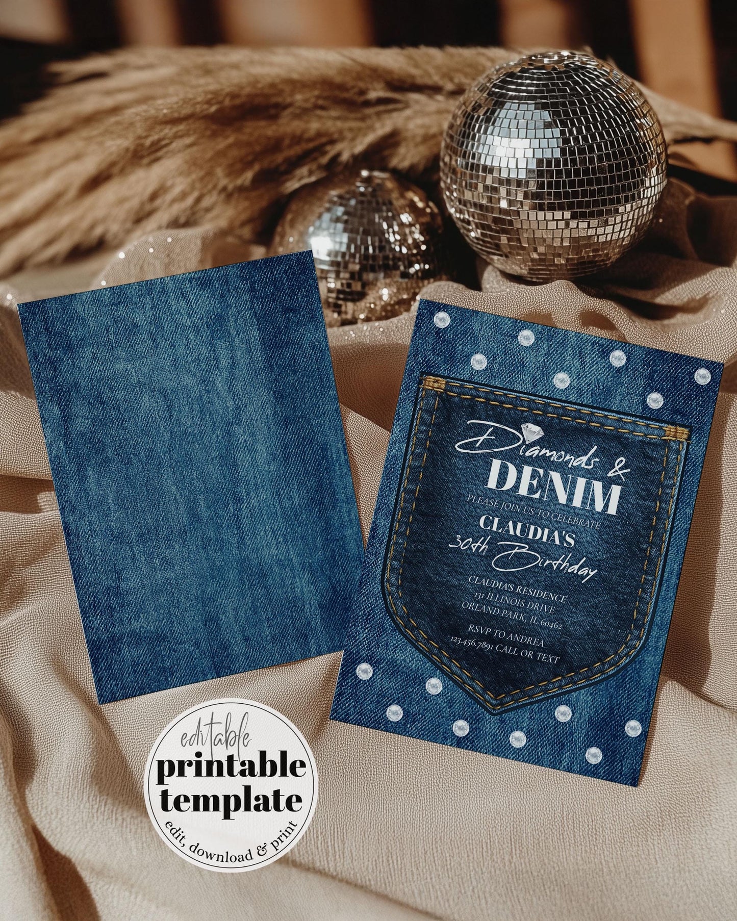 Blue Jeans Denim and Diamonds 30th Birthday Invitation, Disco Cowgirl Adult Birthday Invite, Denim Diamonds Pearls Party Printable #022 - TheLovebirdsDesign