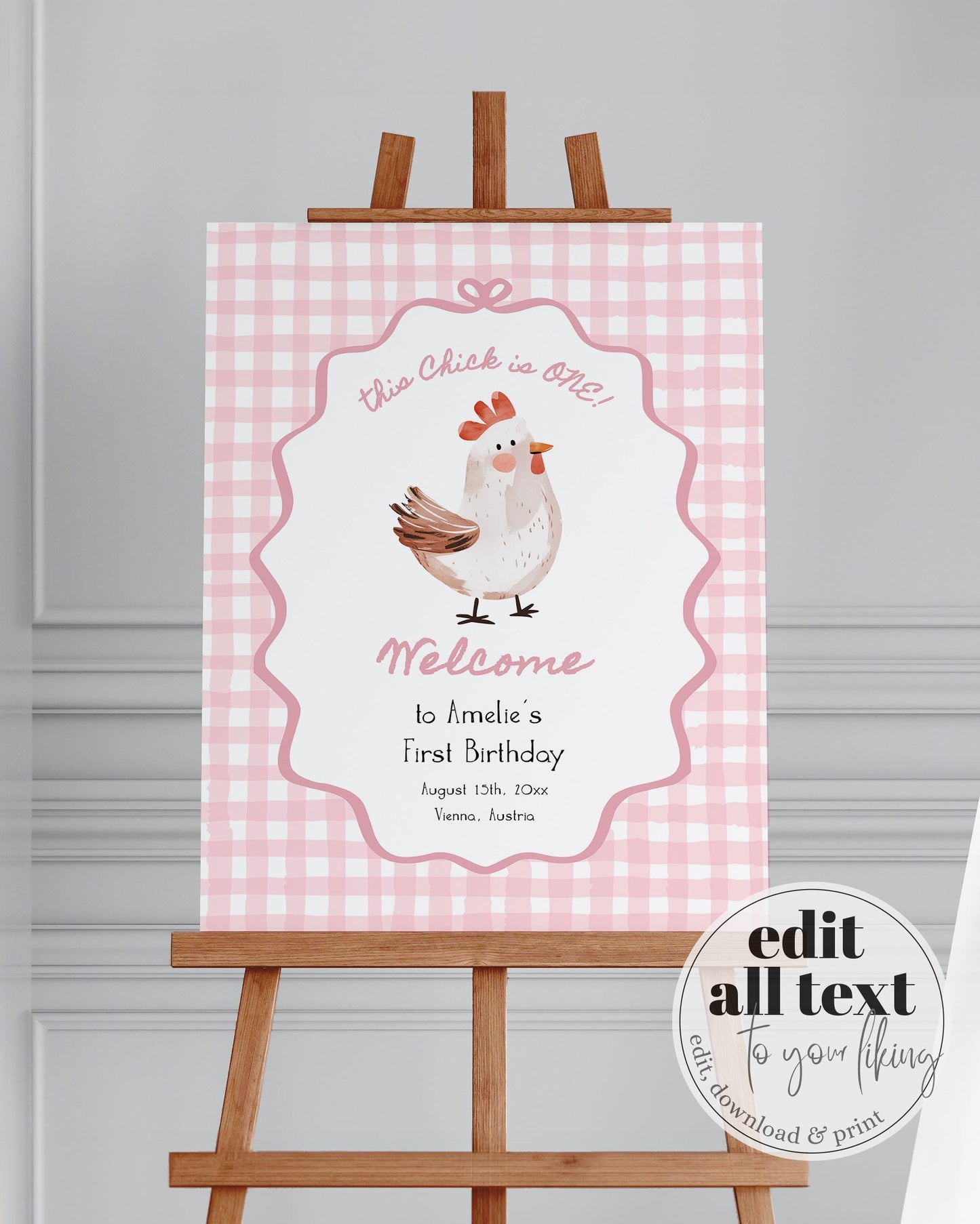 One Cute Chick First Birthday Welcome Sign for Girls, Hand drawn Chicken Themed 1st Birthday Party Sign Farm Animal Decoration Template #070 - TheLovebirdsDesign
