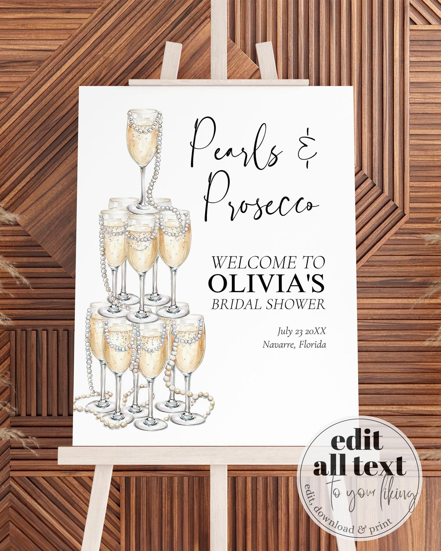 Pearls and Prosecco Bridal Shower Welcome Sign, Champagne Tower and Pearls Party Decor Template Bridal Brunch or Adult Woman Birthday #070 - TheLovebirdsDesign