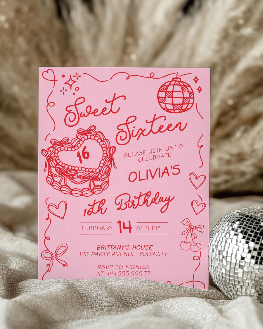 Sweet Sixteen Birthday Invitation, Hand-Drawn Bow & Heart Cake Teen Girl Invite, Editable Template #070 - marryful.org