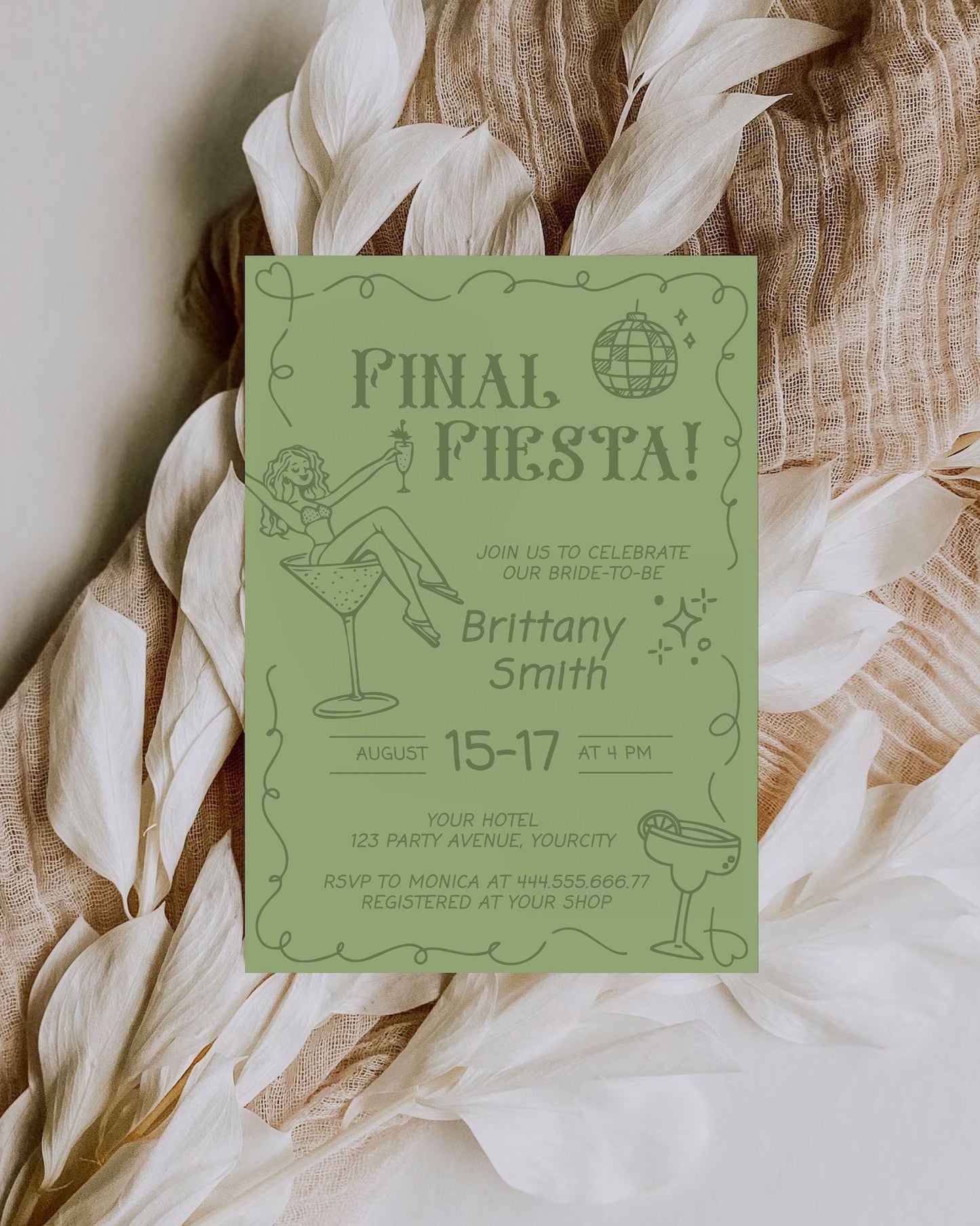 Final Fiesta Bachelorette Itinerary, Tropical Bach Margs and Matrimony Hen Girls Trip, Last Fiesta hand doodled Margarita Template #070 - TheLovebirdsDesign