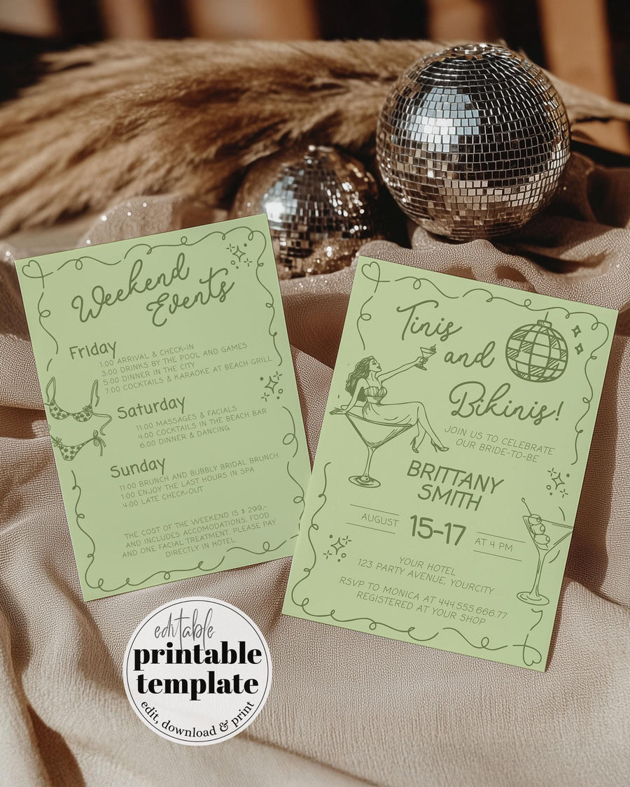 Bikinis and Martinis Bachelorette Itinerary, Funky Wavy Cocktail Party Template 070GR-BACHINV - marryful.org