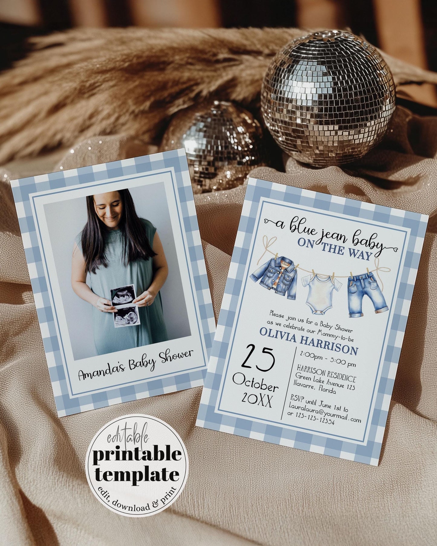 Blue Jean Baby Shower Invitation Template, Boy Blue Denim Gingham Baby Shower Invite, Denim Diamonds Baby on the way Theme Template #068 - TheLovebirdsDesign