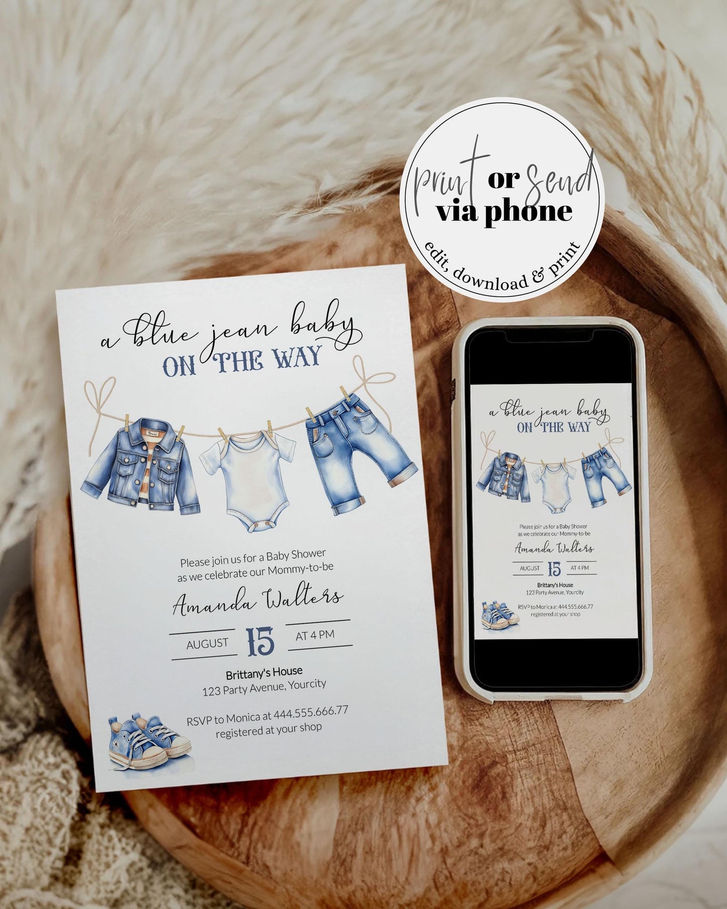 Blue Jean Baby Shower Invitation for Boys, Denim Diamond Blue Jeans Baby on the Way, Boy Denim Shower Theme Baby Shower Invite Template #072 - TheLovebirdsDesign