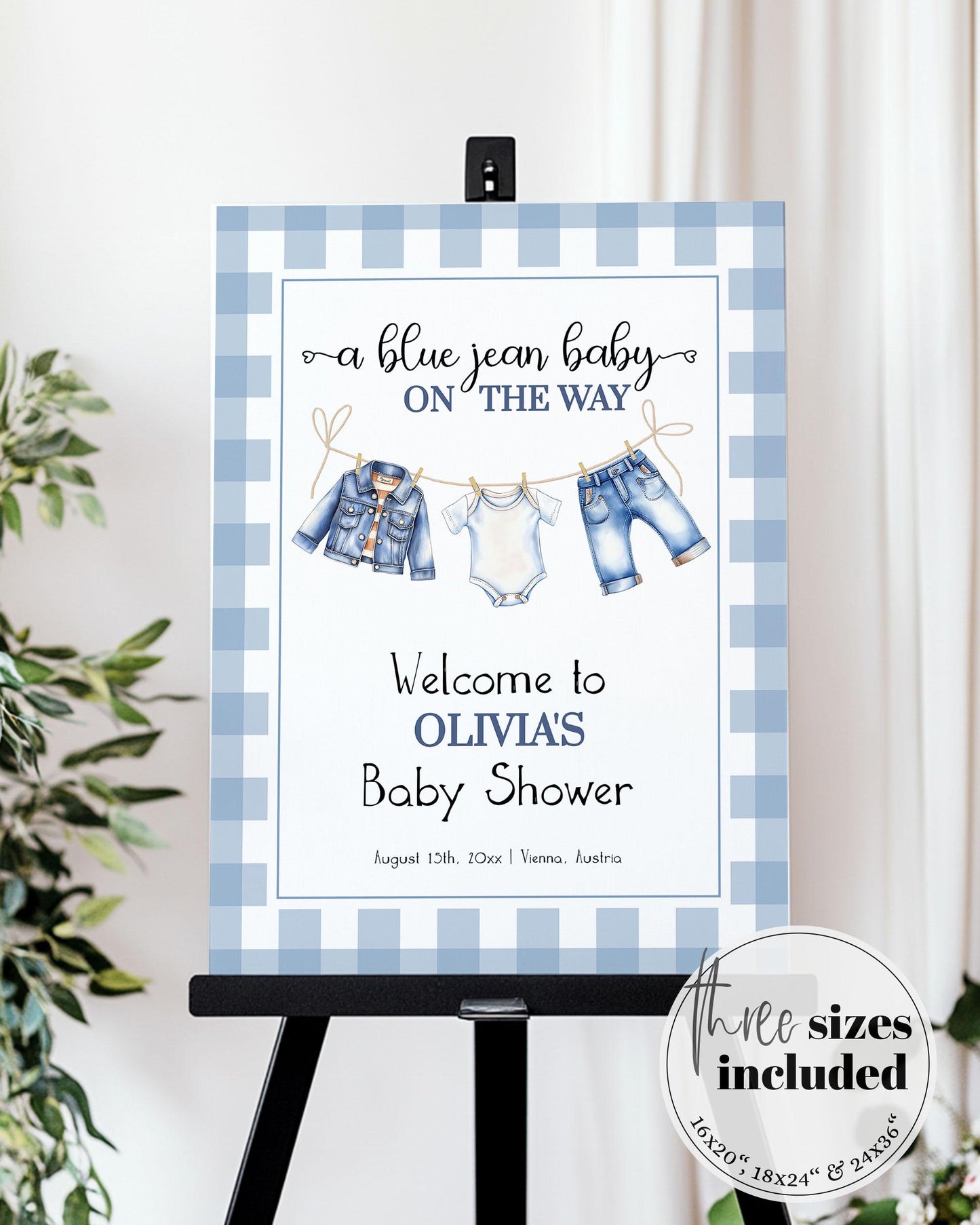 Blue Jean Baby Shower Welcome Sign Template, Boy Blue Denim Gingham Baby Shower Decoration Board, Jeans Baby on the way Theme Template #068 - TheLovebirdsDesign