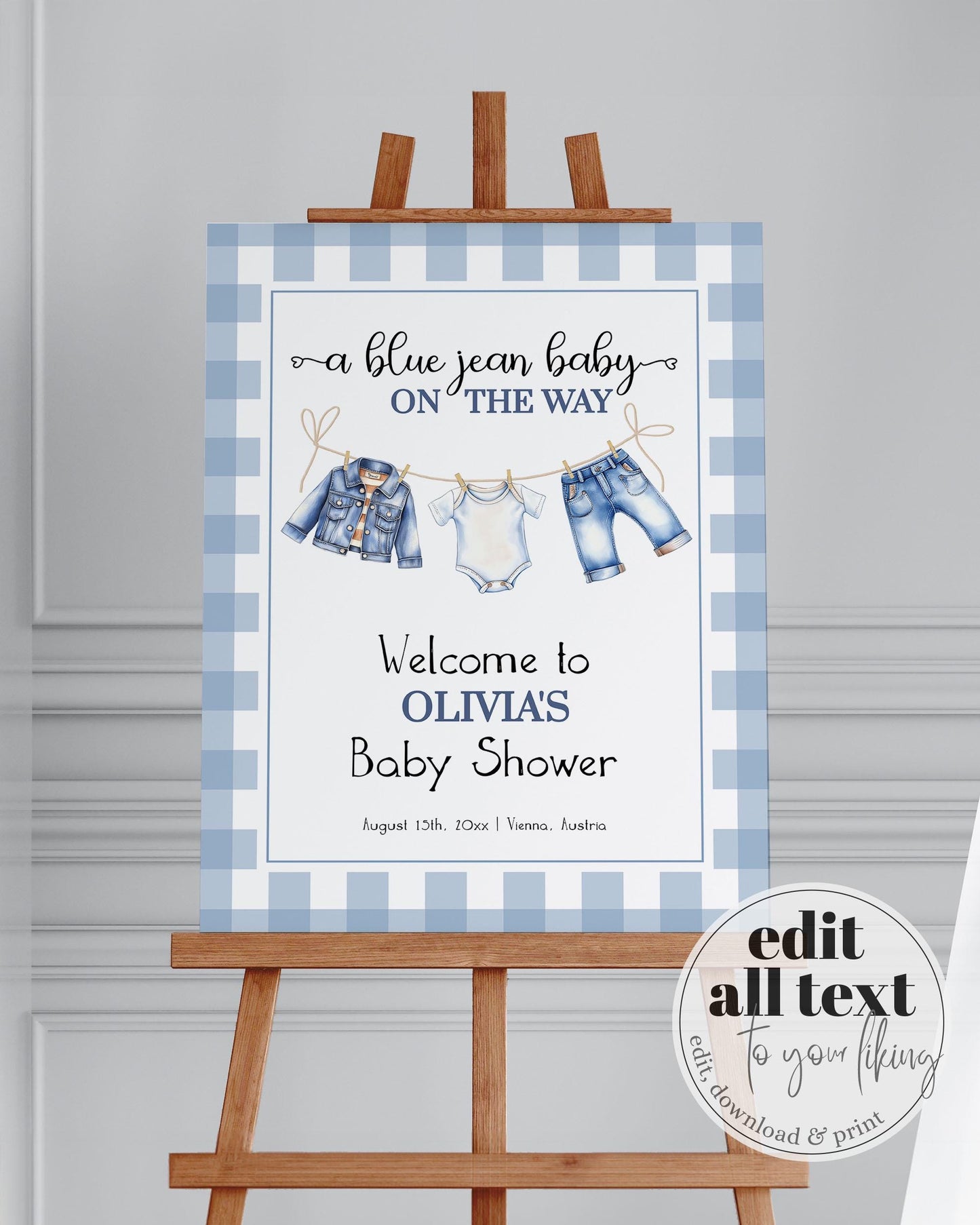 Blue Jean Baby Shower Welcome Sign Template, Boy Blue Denim Gingham Baby Shower Decoration Board, Jeans Baby on the way Theme Template #068 - TheLovebirdsDesign