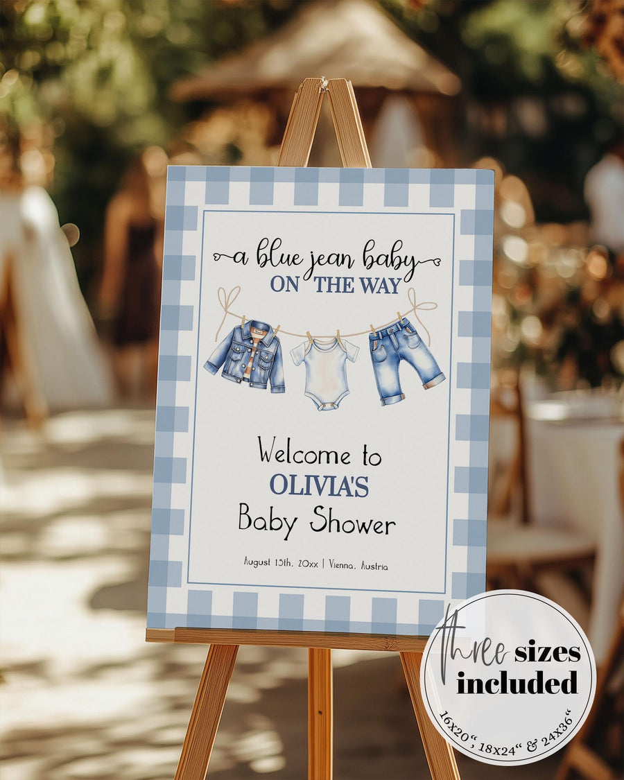 Blue Jean Baby Shower Welcome Sign Template, Baby Clothesline Denim Gingham Printable 013JE-WLCM - marryful.org