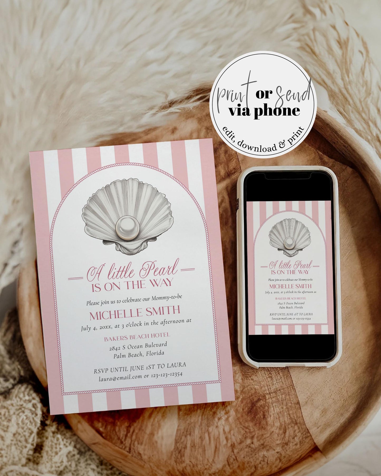 Little Pearl on the Way Baby Shower Invitation Template, Under the Sea Baby Shower Invite Suite, Pink Ocean Baby Shower Template Girl #072 - TheLovebirdsDesign