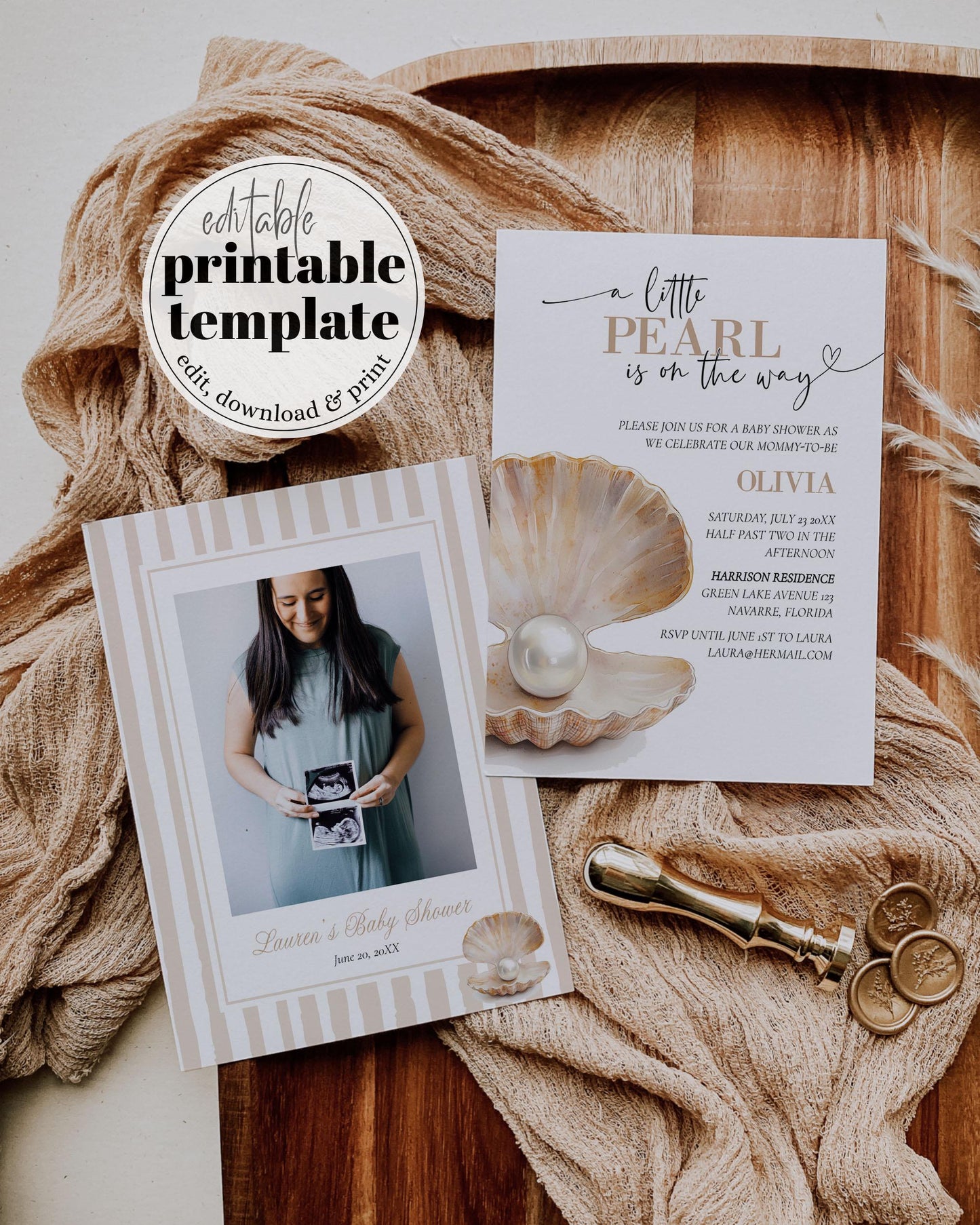 Little Pearl on the Way Gender Neutral Baby Shower Invitation, Under the Sea Baby Shower Invite Suite, Beige Ocean Baby Shower Template #072 - TheLovebirdsDesign