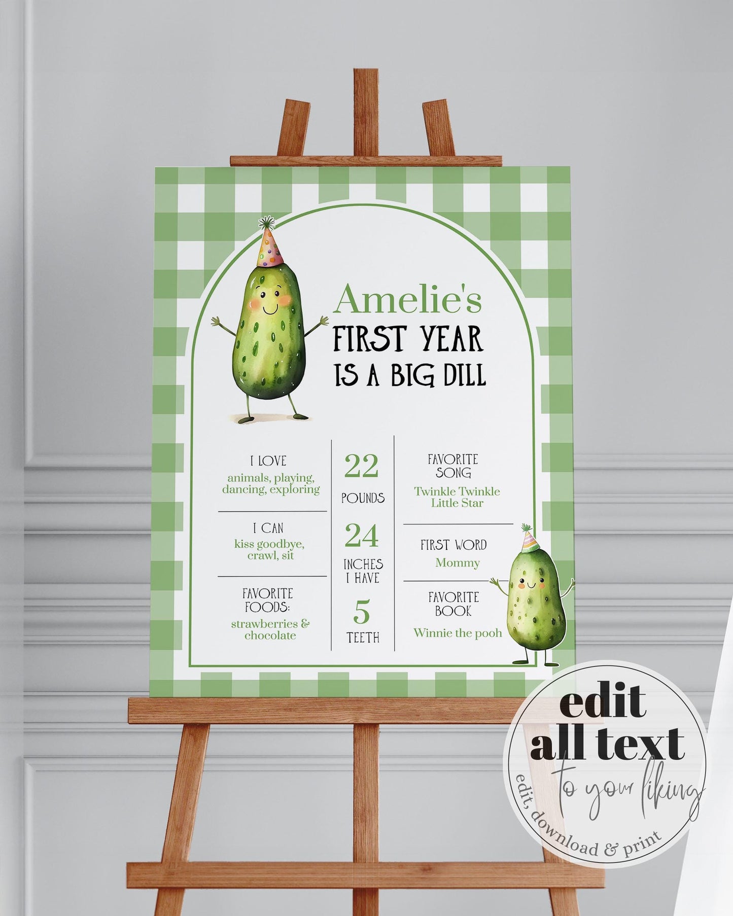 Big Dill Pickle themed Milestone Sign for Pickled First Birthday Boy or Girl, Gender Neutral 1st Birthday Decorations Party Template #068 - TheLovebirdsDesign