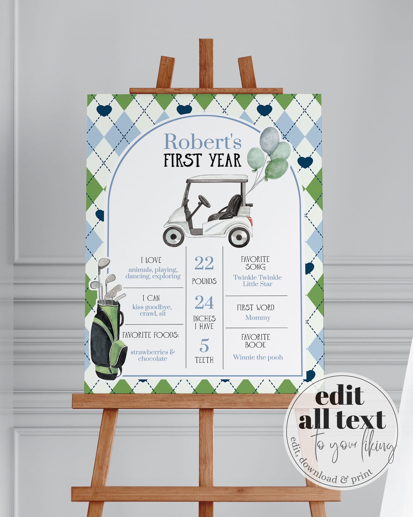 Golf Baby Shower Milestone Sign, Blue Green Boy Golfing Baby Shower Decorations Template, Par-Tee Hole in one Golf Printable Template #068 - TheLovebirdsDesign