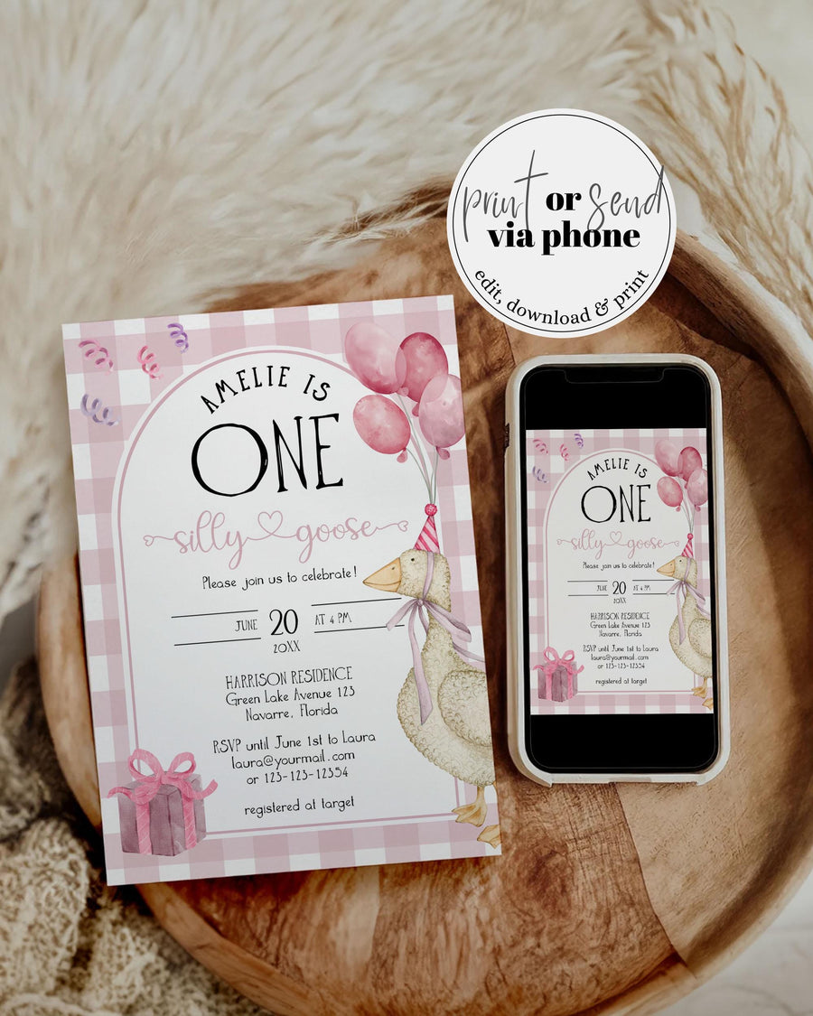 Pink One Silly Goose First Birthday Invitation Template, Natural Cottagecore Theme 004SG-BIVN-PI - marryful.org