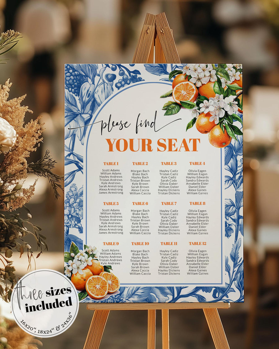 Amalfi Coast Seating Chart, Orange Blue Greek Tile Shower or Wedding Template 102OR-SEAT - marryful.org