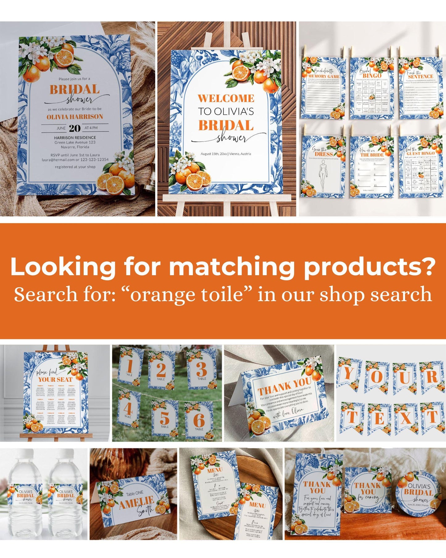 Orange Blue Toile Tile Bridal Shower Invitation Editable Amalfi Coast Positano Bridal Shower Invite Mediterranean Bachelorette Template #072 - TheLovebirdsDesign