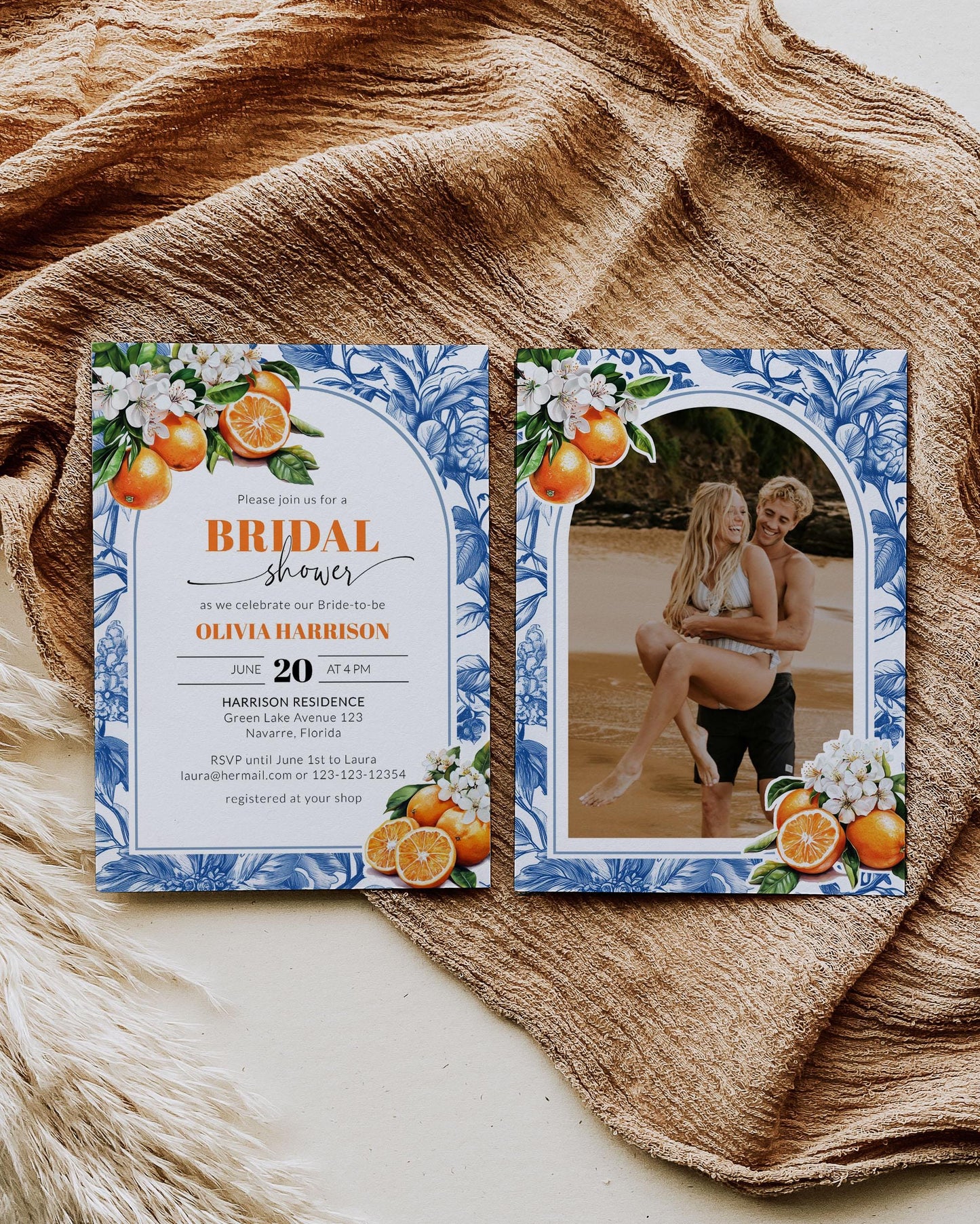 Orange Blue Toile Tile Bridal Shower Invitation Editable Amalfi Coast Positano Bridal Shower Invite Mediterranean Bachelorette Template #072 - TheLovebirdsDesign